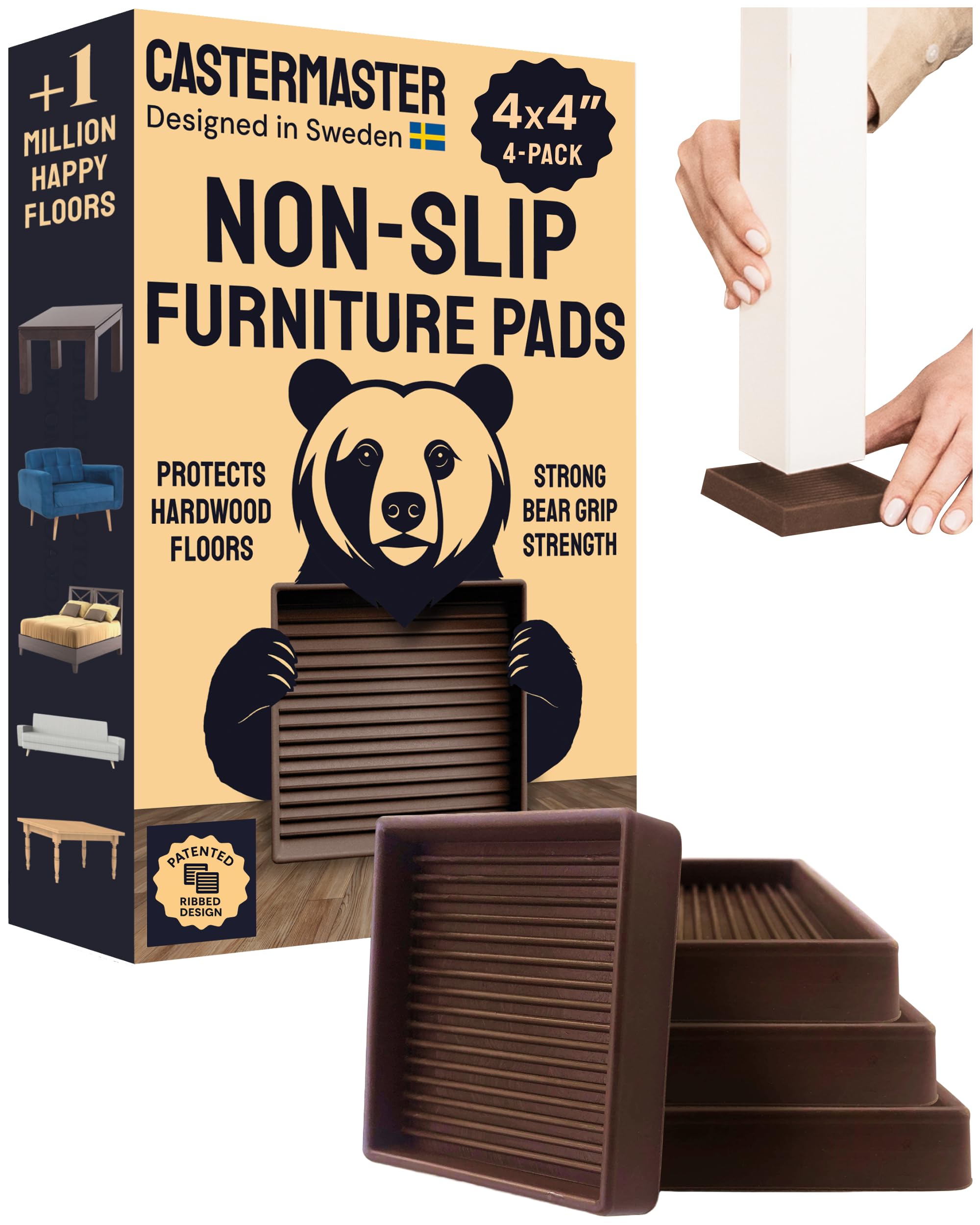 CasterMaster Non-Slip Furniture Pads for Hardwood Floors - 4" x 4" Brown Pack of 4 - Anti-Skid Rubber Caster Cups - Table Leg Protectors & Rubber Feet for Chairs