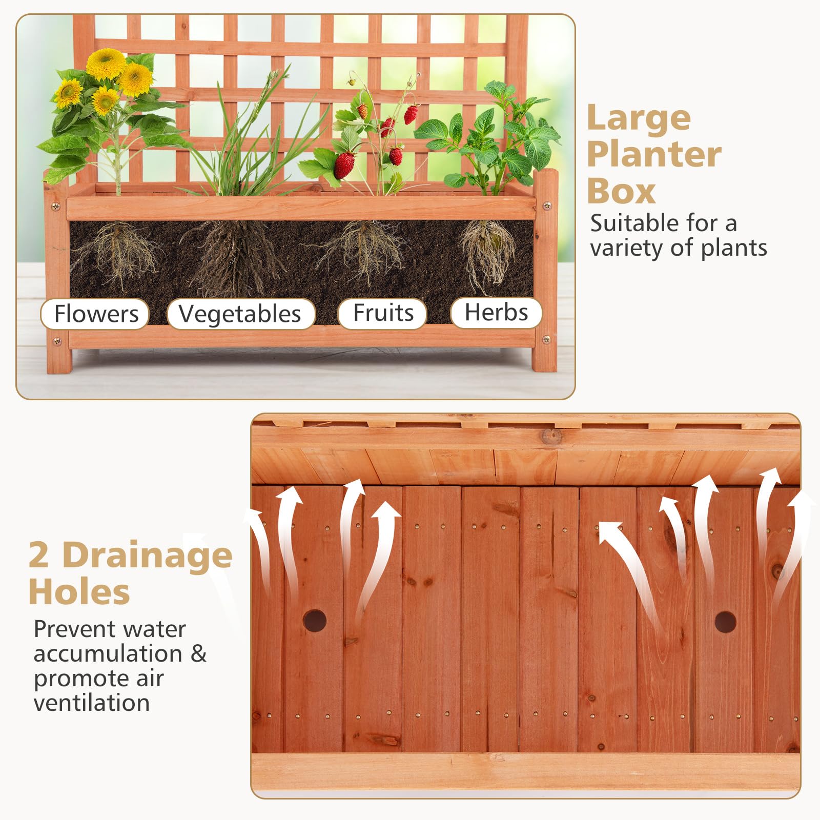 GOPLUS Jardinière avec Treillis 183cm en Bois de Sapin, Trou de Drainage pour Plantes Grimpantes, Fleurs, Bac à Fleurs avec Treillis pour Cour, Jardin, Balcon, 75x33x183cm