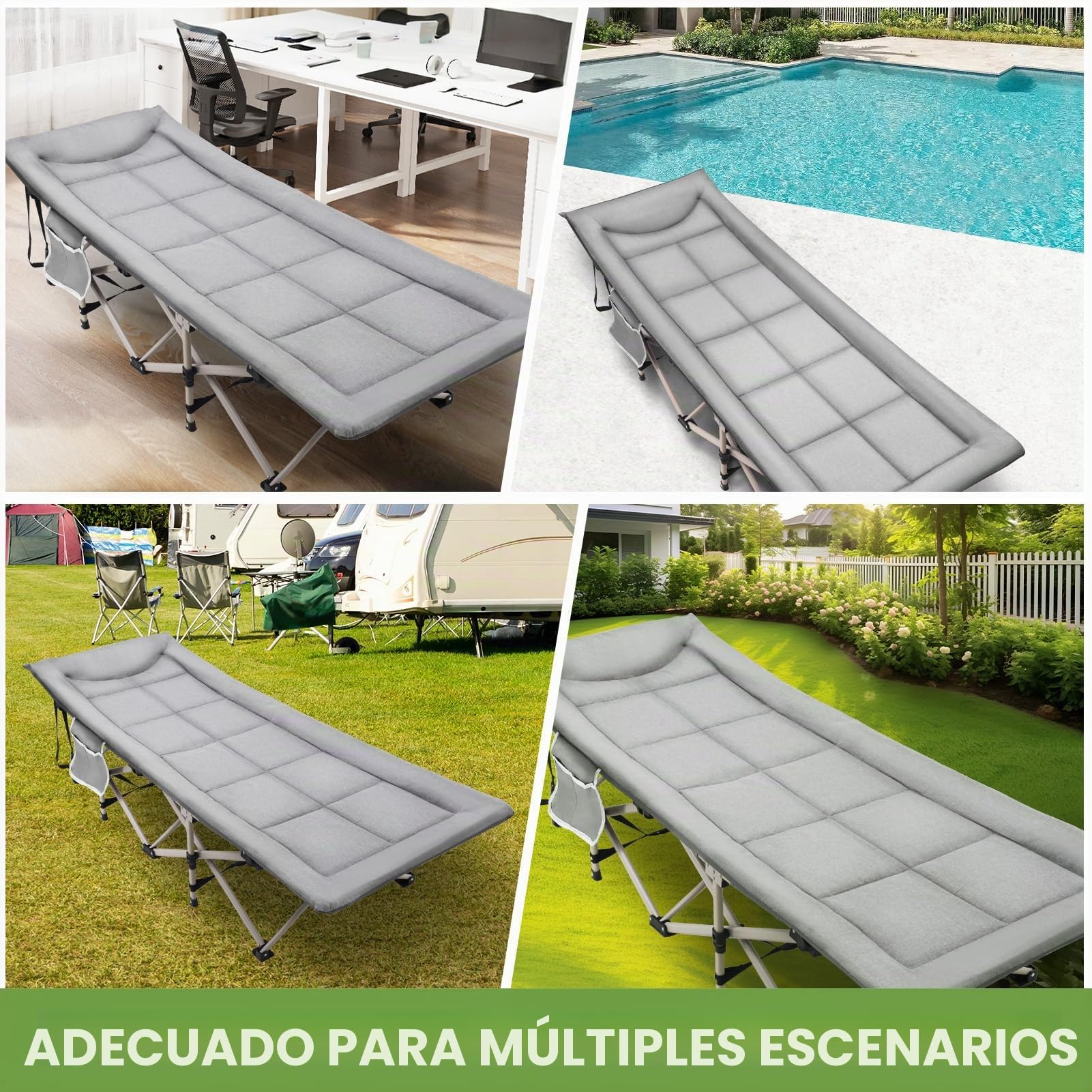 Cama plegable de camping, capacidad de carga cama plegable cama de invitados, cama plegable/tumbona de camping con colchón, bolsillos laterales, respaldo ajustable, 190 x 68 x 40 cm – hasta