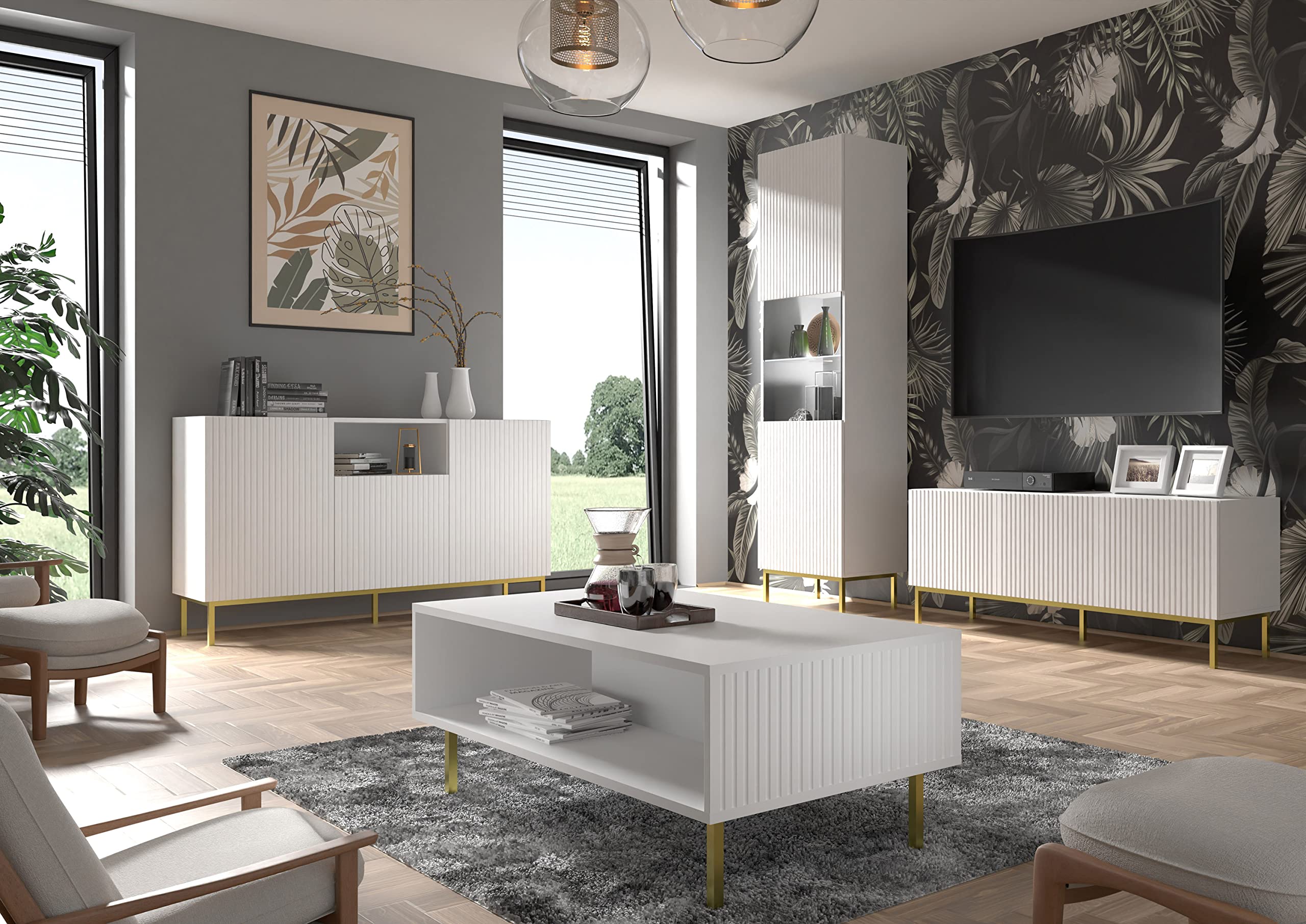 BIM Furniture Lowboard TV Schrank Ravenna B 4D 200 cm gefräste dekorierte MDF-Fronten auf goldenen Metallbeinen Stehen Unterschrank Fernsehschrank TV Board Sideboard HiFi-Tisch (Weiß Matt)