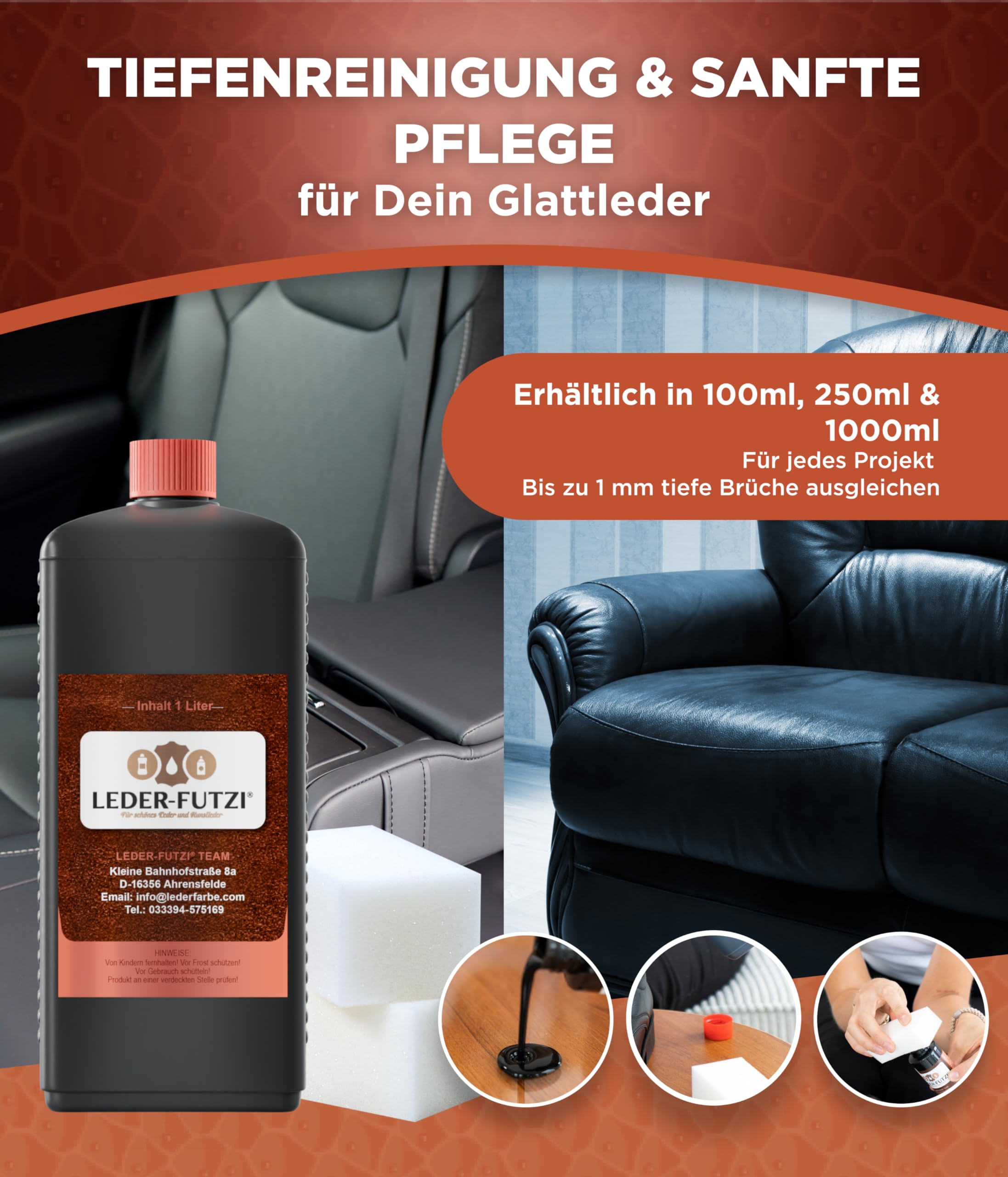 Lederfarbe Schwarz 1000 ml - Flexibel trocknend & bruchüberbrückend - Ideal zur Auffrischung von Glattleder - Made in Germany