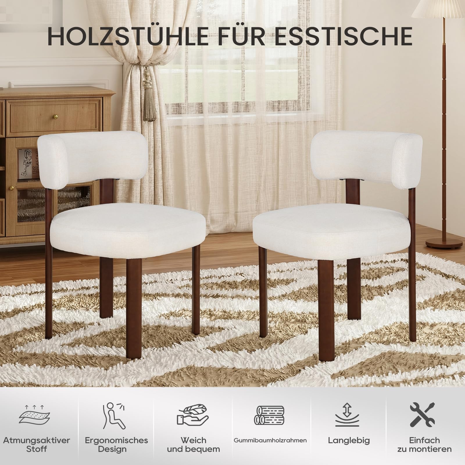 COLAMY Mid-Century Modern Design Sherpa Esszimmerstühle 4er Set, Vintage Landhaus-Stil Bouclé Küchenstühle mit offener geschwungener Rückenlehne für Esszimmer, Restaurant, Beige