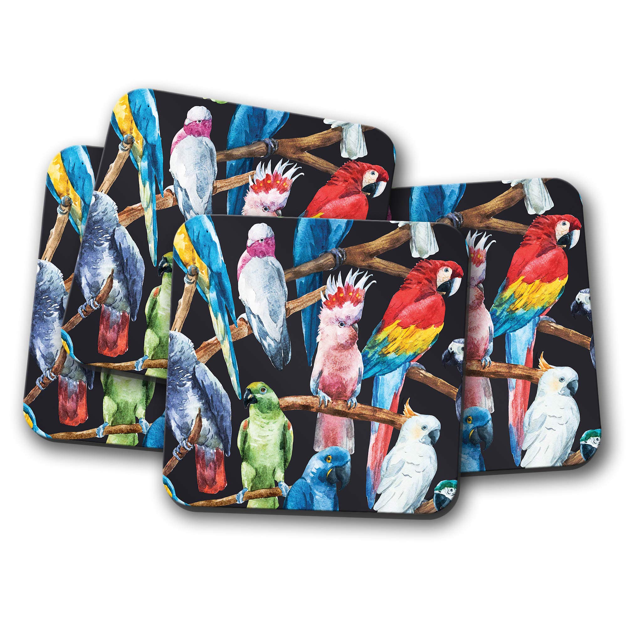 Destinationvinyl Multicolor 4 Set - Funky Parrots Drinks Coaster - Tropical Birds Macaw Fun #8445