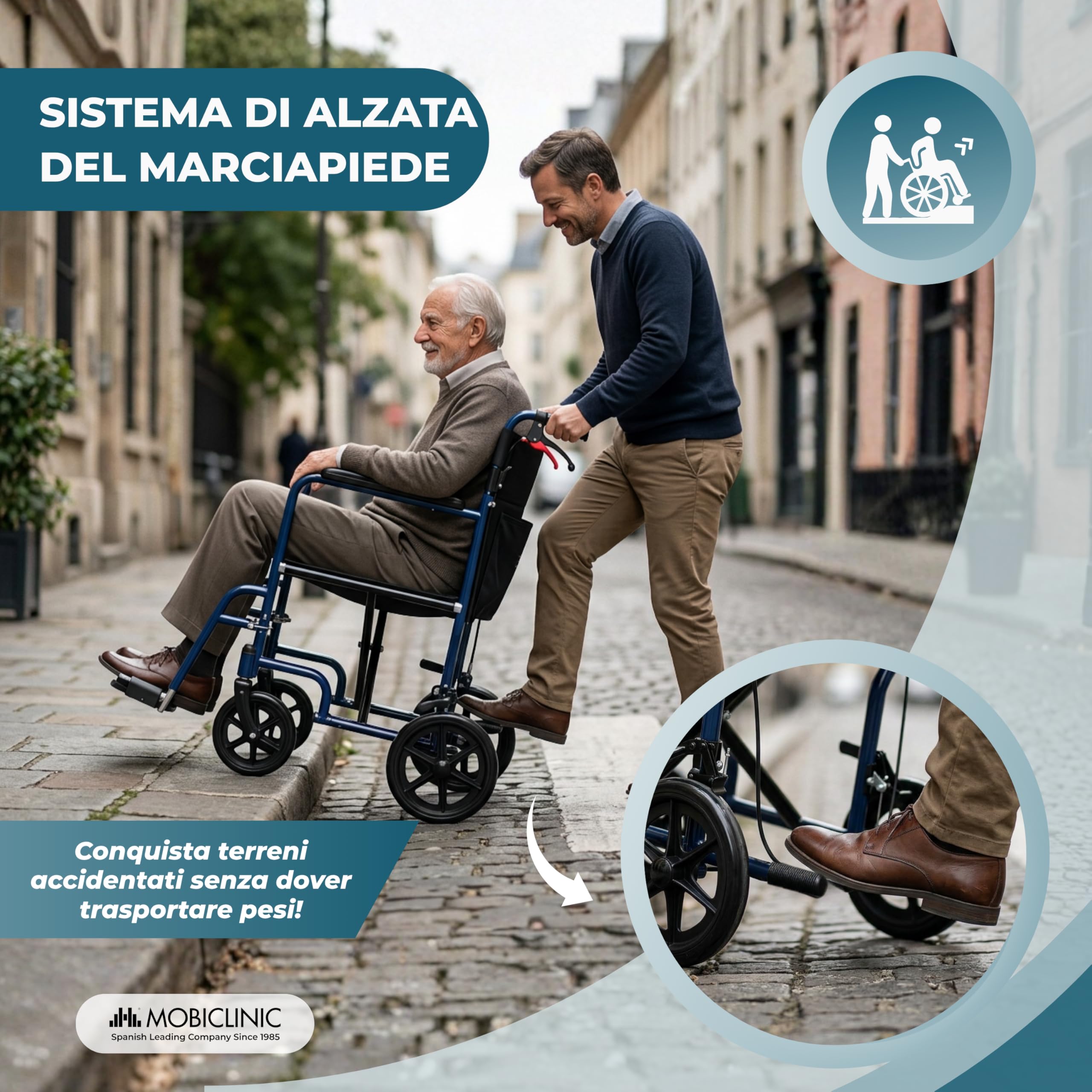 Mobiclinic®, Sedia a Rotelle Pieghevole, da Transito, Schienale pieghevole, Poggiapiedi Removibili, Doppio Sistema Frenante, Braccioli Imbottiti, Acciaio, Leggera e Compatta, Napoli
