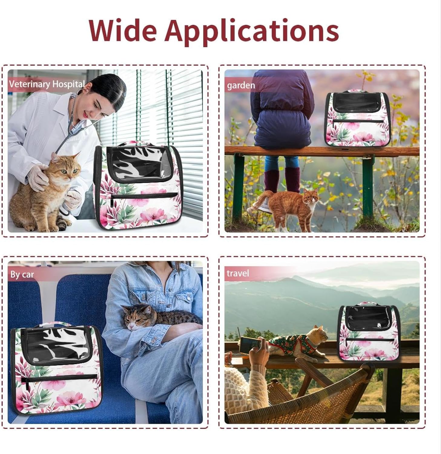Pink Flowers with Leaves Pet Carrier Airline Approved Soft Sided Portable Cozy Travel Pet Bag, Car Seat Safe Carrier for Cats and Dogs