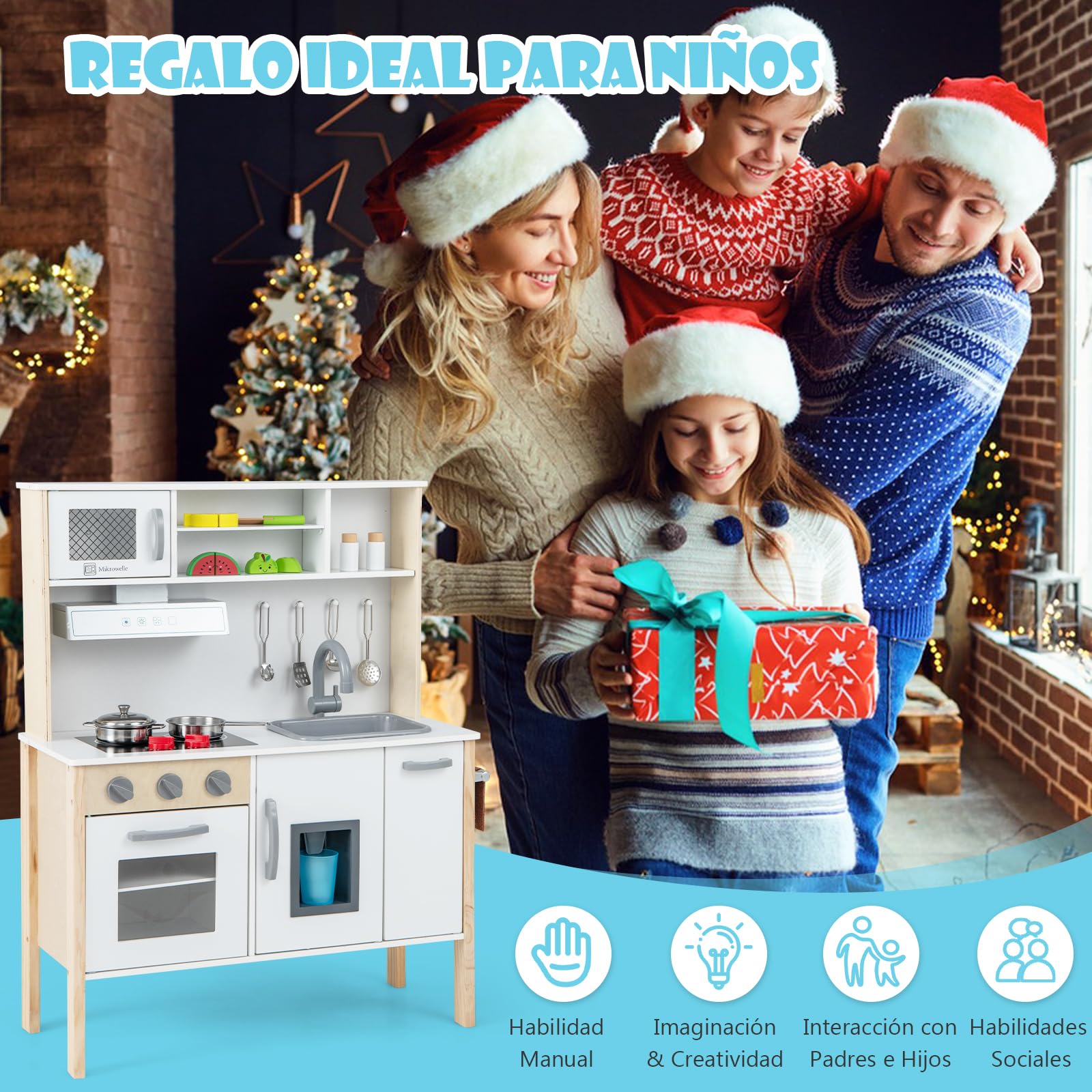 COSTWAY Cocina de Juguete para Niños, Cocinita Infantil de Madera con Microondas, Campana Extractora, Estufas, Fregadero de Juguete, Horno, Fabricador de Hielo y 18 Accesorios (Blanco)