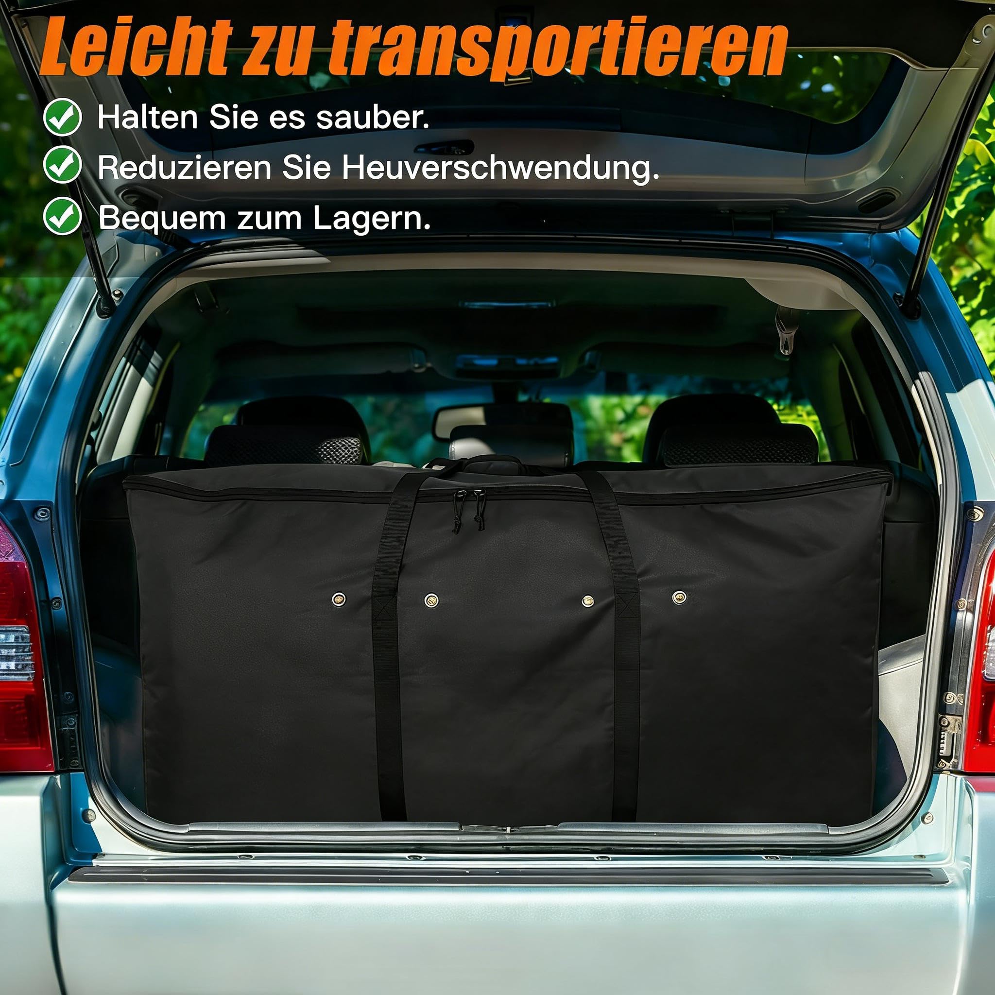 Heunetz für Pferde,Heusack,extra große Heutasche (112x46x56 cm) mit Slow-Feed-Deckel f. Pferde,Ziegen,Schafe& Esel–Hochwertige,schwer entflammbare Oxford-Stoff Aufbewahrungstasche (Schwarz)