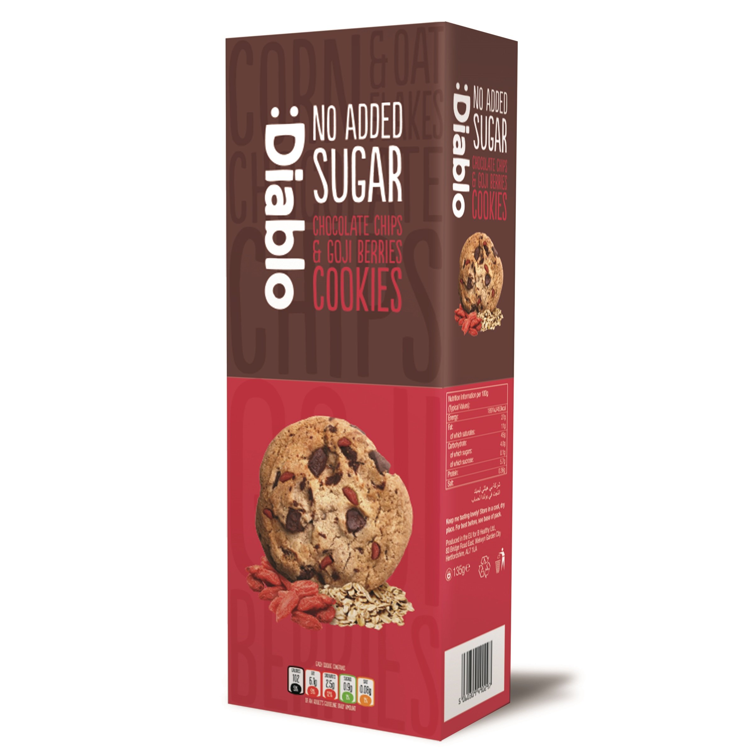 Diablo Chocolate Chip and Goji Berries Cookies |No Added Sugar| Sweetened with Maltitol | 135g (Pack Of 1)