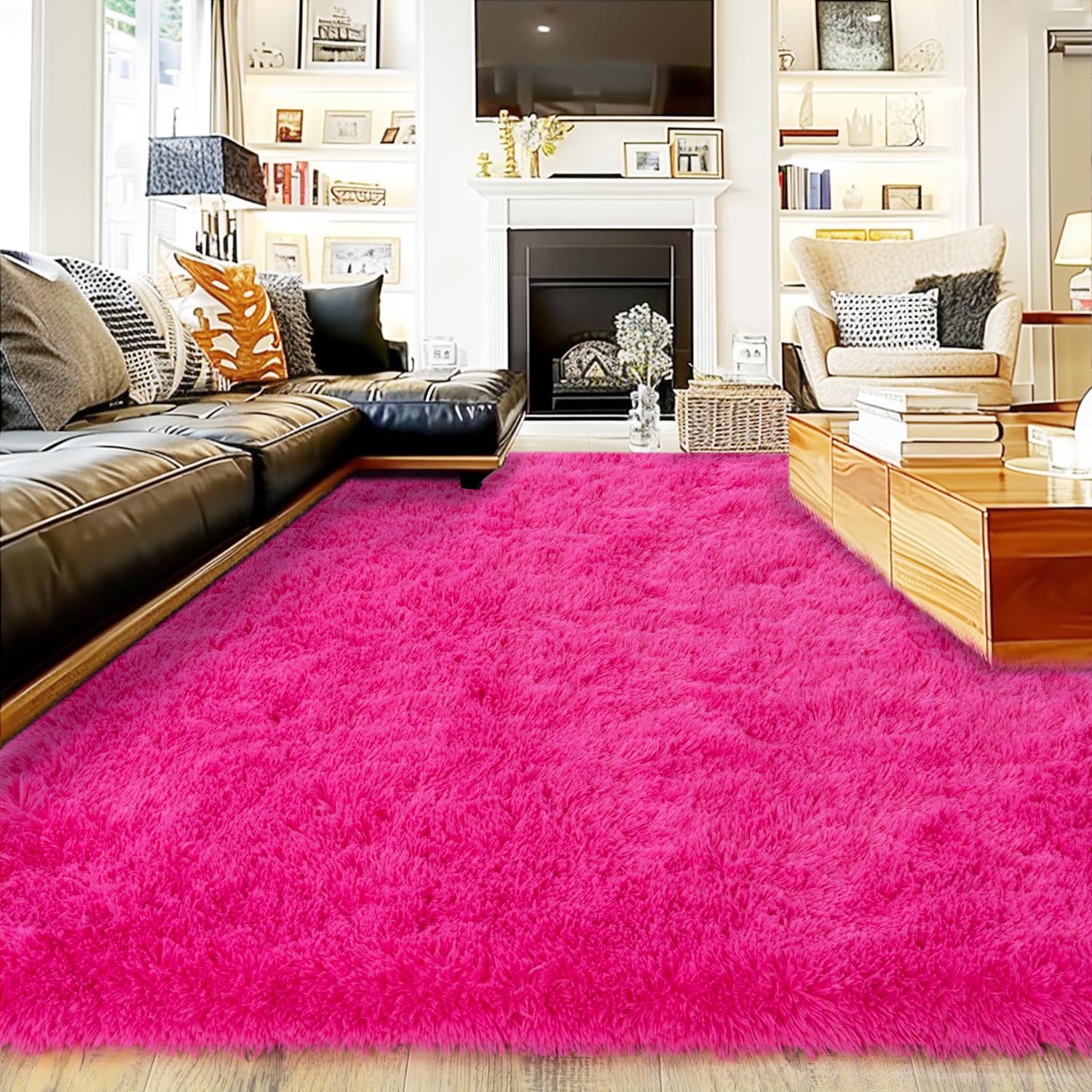 Extra Large Fluffy Area Rug for Bedroom Living Room, 9x12 Feet Hot Pink Modern Indoor Carpets Room Colorful Rugs, Plush Indoor Nursery Classroom Home
