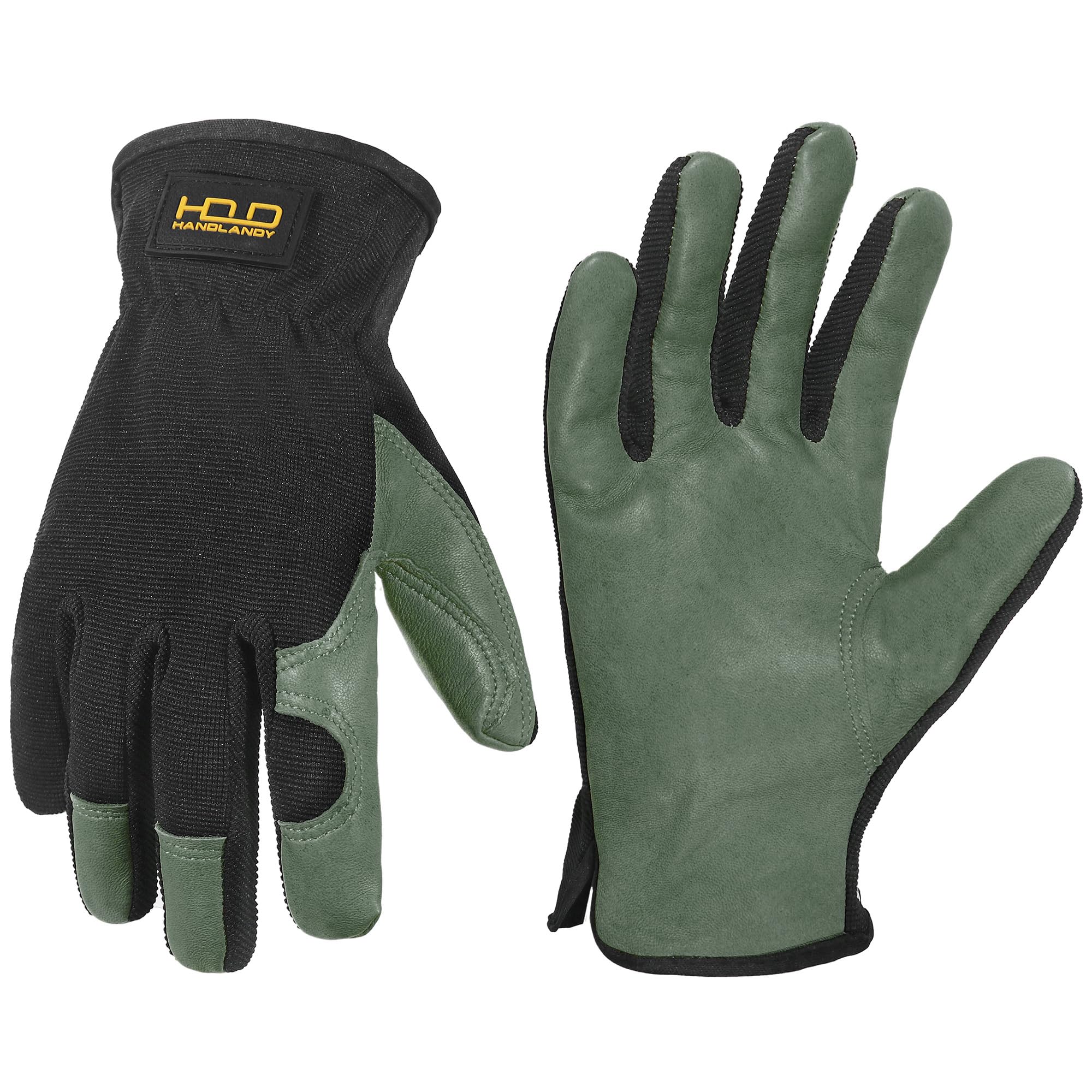 HANDLANDY Men Leather Gardening Gloves, Utility Work Gloves for Mechanics, Construction, Driver