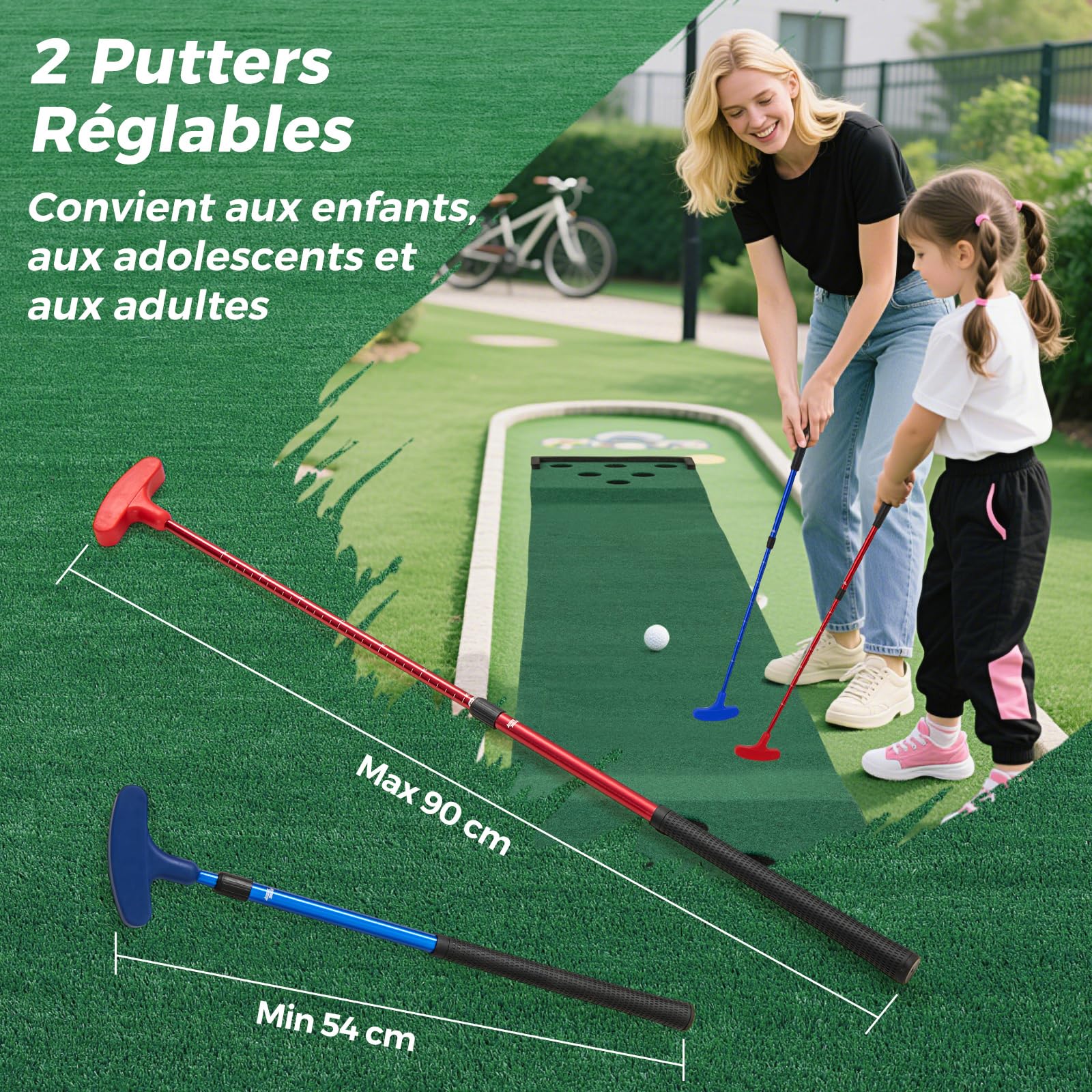 COSTWAY Tapis de Putting Entraînement Golf, Golf Putting avec 2 Putters Ajustables, 6 Balles et 12 Couvercles de Trous pour Fête, Tapis d'Entraînement pour Intérieur/Extérieur