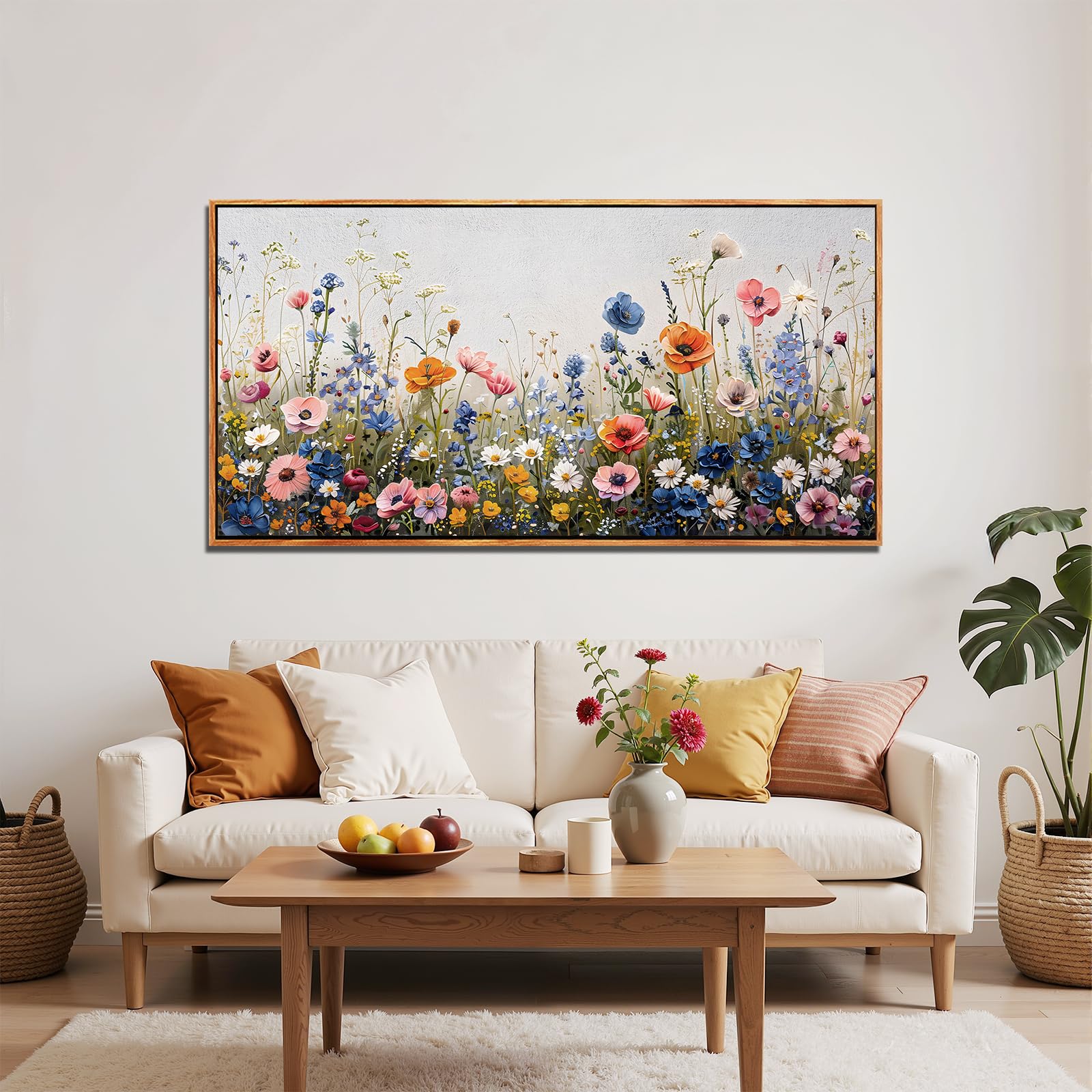 SERIMINO Leinwand Bilder mit Rahmen, Bunte Wildblume Wandbilder Wohnzimmer Groß, Natürliche Botanische GemäLde, Modern Aesthetic Wanddekoration für Lobby Flur Schlafzimmer Esszimmer Büro 73x146 cm