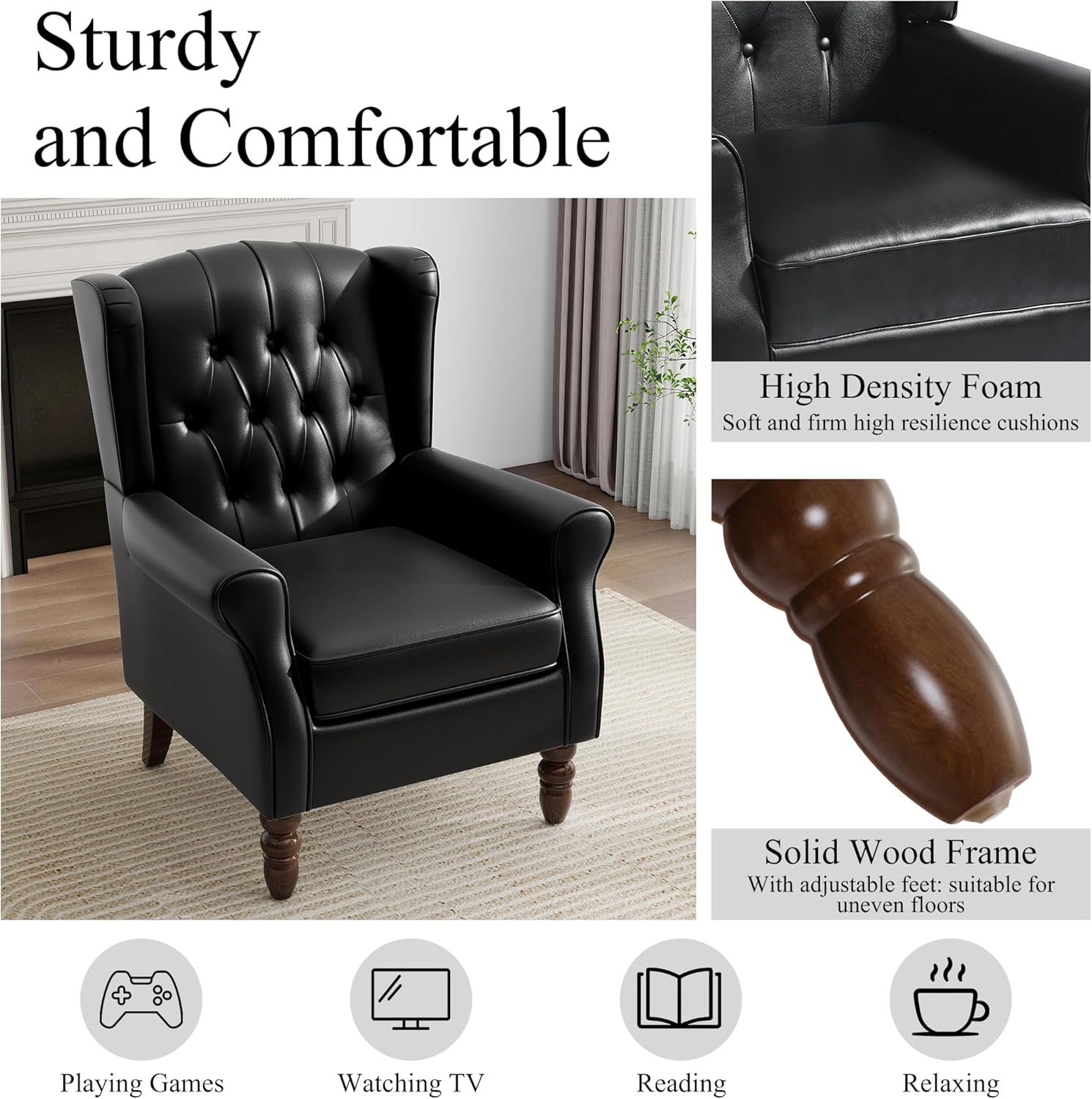Mid-Century Modern Wingback Accent Chair - Luxe PU Faux Leather Upholstery with Solid Wood Legs, Ergonomic High Back Design - Water Resistant Living Room, Bedroom & Home Office Chair (Black)