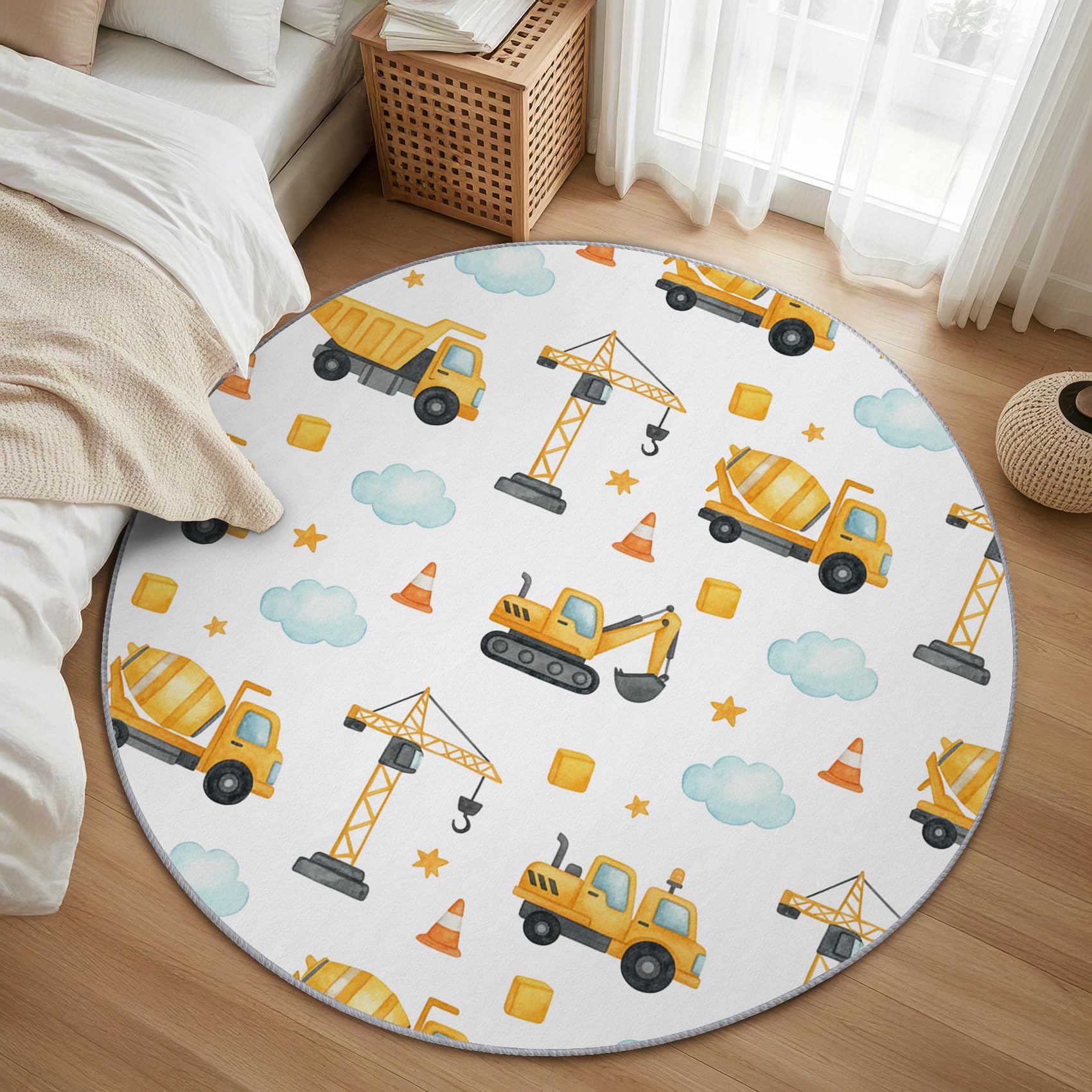 Baustelle Kinder Teppich Rund 120cm Kurzflor - Waschbare Teppiche Wohnzimmer Jungen Bagger LKW Fahrzeuge - Runder Teppich 120 Durchmesser Kinderzimmer - Bettvorleger Schlafzimmer rutschfest