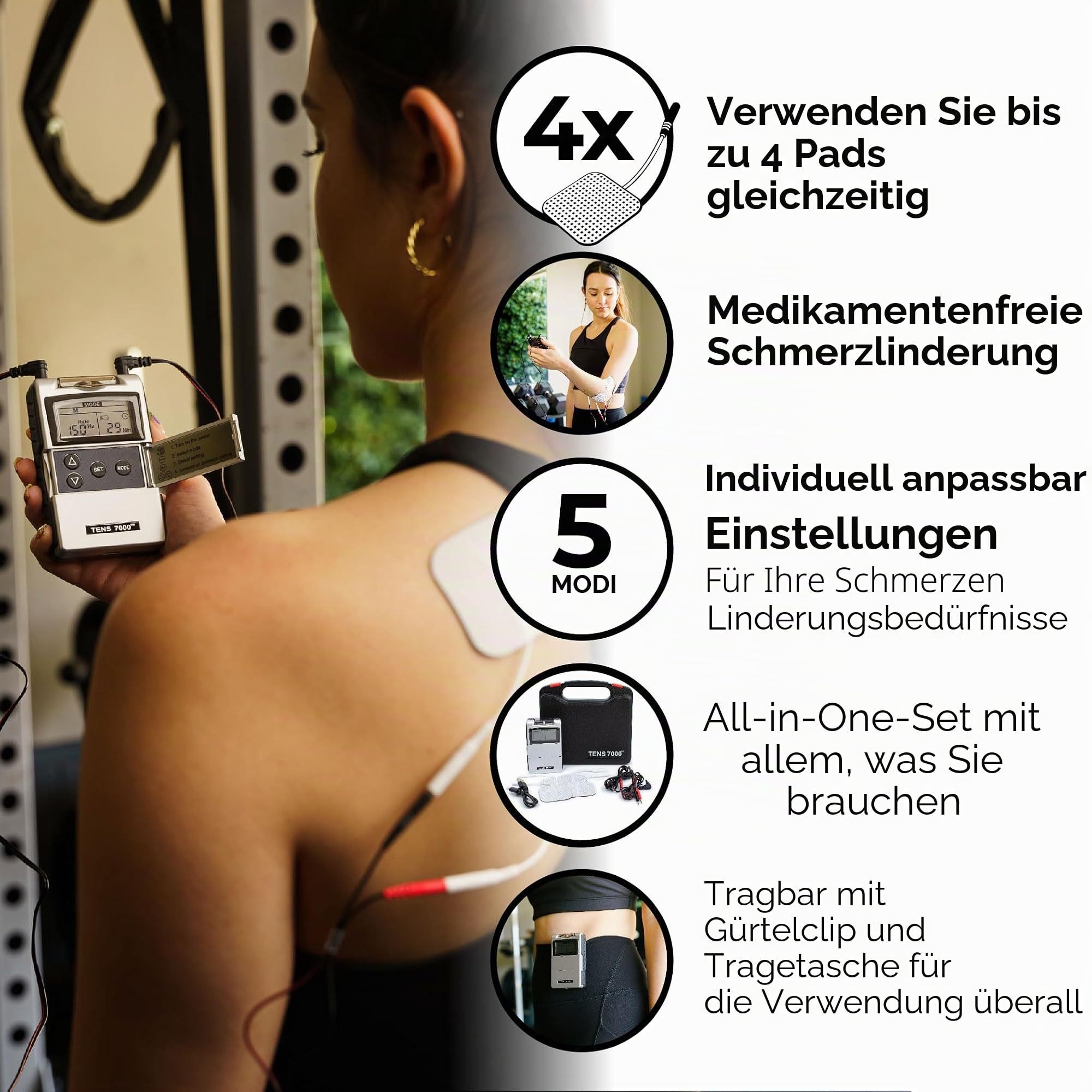 TENS 7000 Wiederaufladbare Tens Unit Muskelstimulator Rückenschmerzen Linderung 4 Elektroden/Einheit Pads Perioden Schmerzsimulator Muskelerholung & Wachstum Stimulator Elektrotherapie TENS Maschine