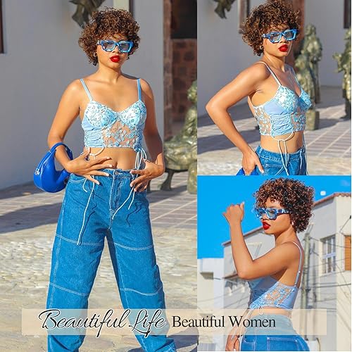 Miniatura 6 de Quantum Love Pelucas de cabello humano rizado corto para mujeres negras mezcla marrón 6 pulgadas afro rizado brasileño virgen pelucas cortas corte