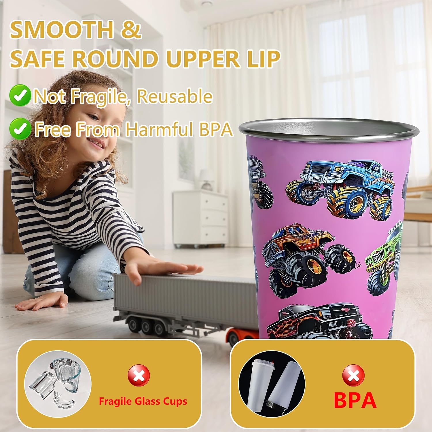 4PCS 16 OZ Stainless Steel Pint Cups,Metal cups,Stainless Steel Cups,Water Tumblers Unbreakable,BPA Free,Stackable 8/18 Metal Drinking glasses for Home Outdoor Activities,Camping (Gradient pink truck)