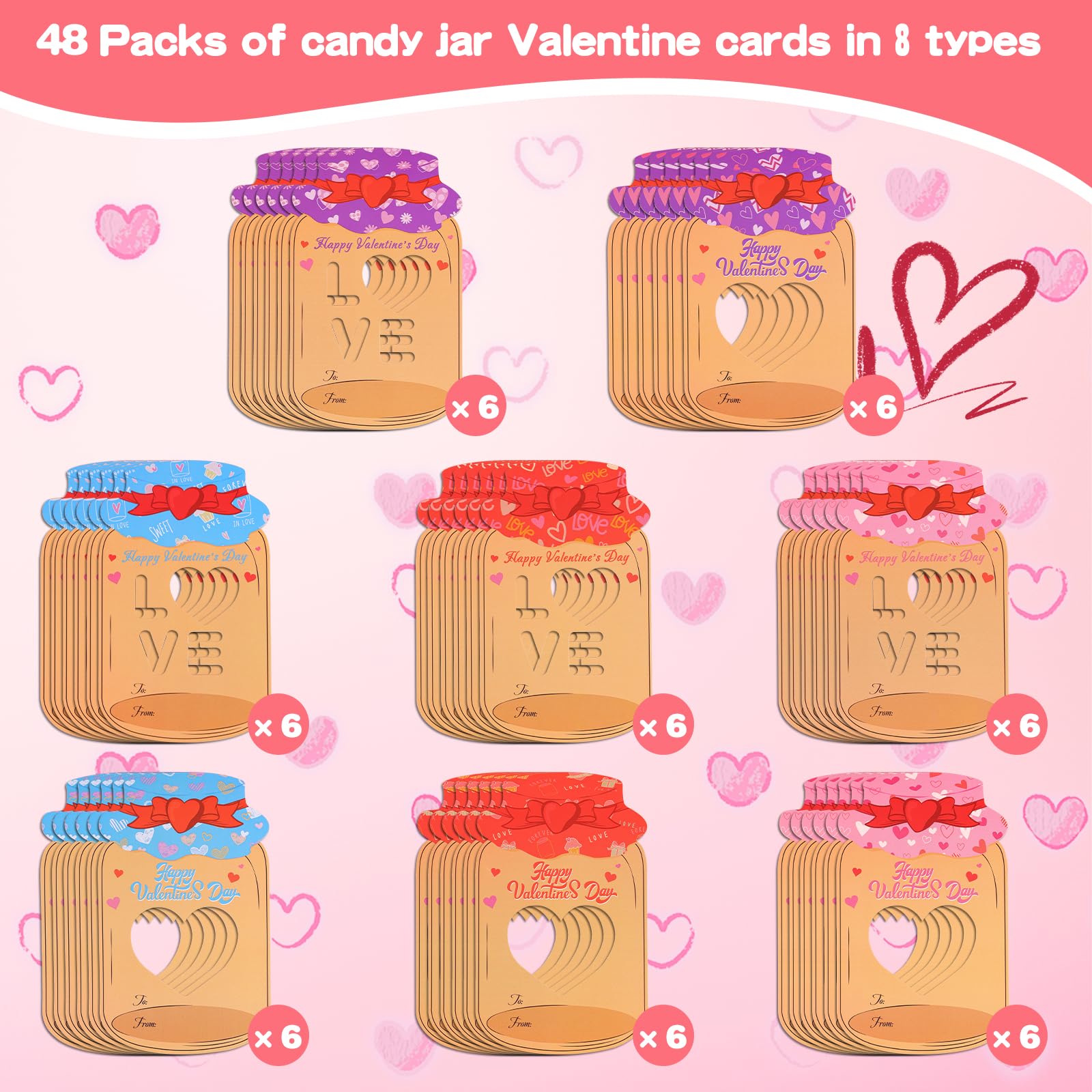 66 Pack Candy Jar Valentine Cards Kids Classroom Exchange JNYVE ...