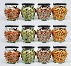 Birvan Transparent Glass Jar and Container Air Tight Black Lid for Kitchen350 ml Mataki Glass Jar with Airtight Metal Lid Pack of (12)