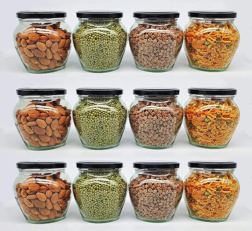 SITOVI Transparent Glass Jar and Container Air Tight Black Lid for Kitchen 400 ml Mataki Glass Jar with Airtight Metal Lid Pack of (12)