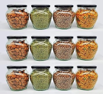 Transparent Glass Jar and Container Air Tight Black Lid for Kitchen 400 ml Mataki Glass Jar with Airtight Metal Lid Pack of (6)