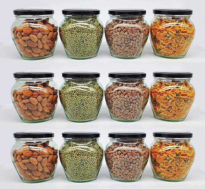 SITOVI Transparent Glass Jar and Container Air Tight Black Lid for Kitchen 400 ml Mataki Glass Jar with Airtight Metal Lid Pack of (6)