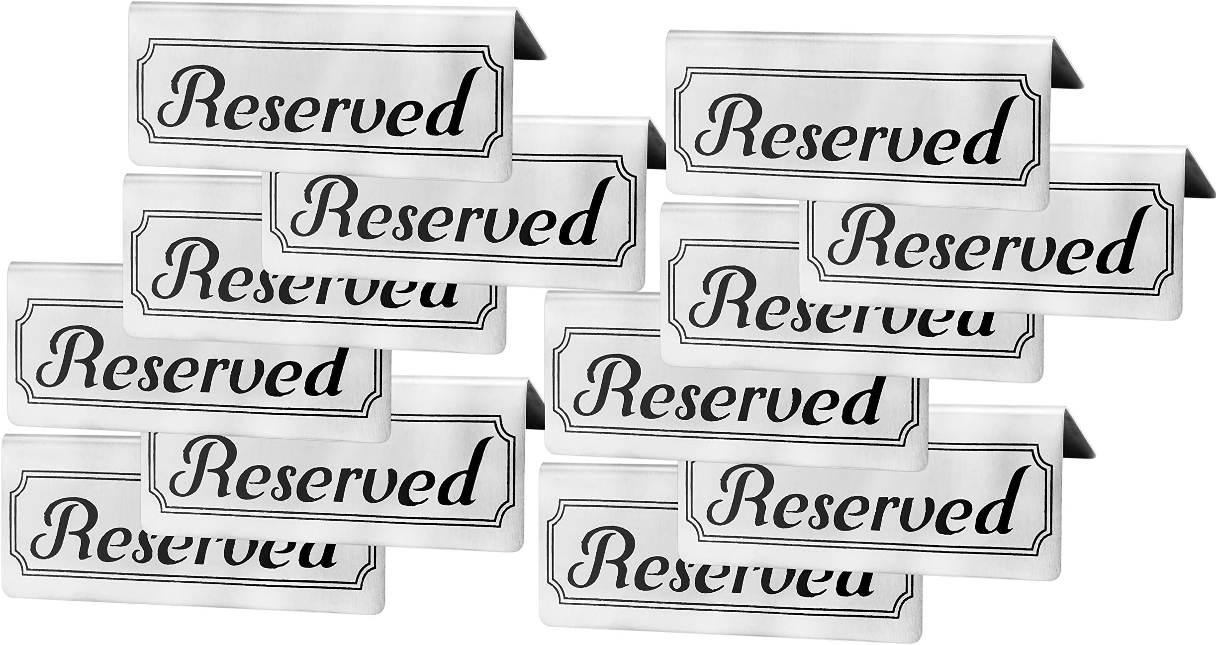 Stainless Steel Reserved Table Signs (12-Pack); 4.75-Inch by 2-Inch Tent Style Silver Signs with Black Print