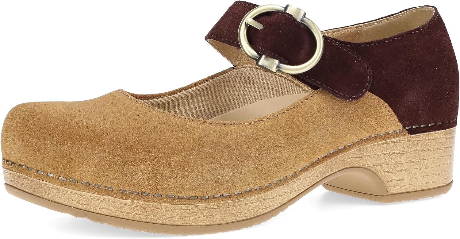Dansko Bonny Mary Jane Clog for Women — Leather and Suede Comfort Shoe with Adjustable Hook-and-Loop Strap, Memory Foam Footbed, Work to Casual Style