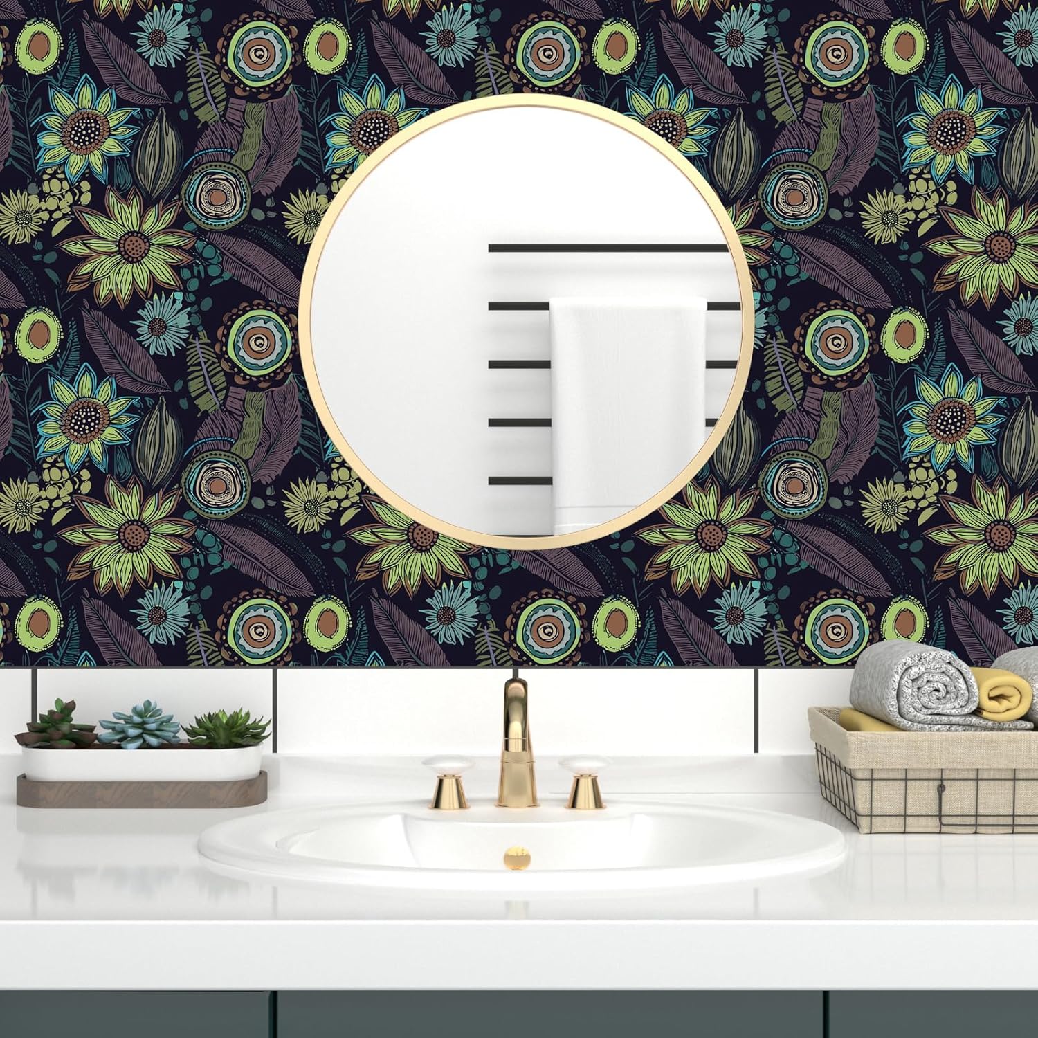 Vintage Boho Wallpaper Peel and Stick, Dark Purple/Green Gothic Floral Contact Paper 17.5" x 399.7", Retro Flower Bohemia Wall Paper Self Adhesive Removable Waterproof for Shelves Cabinet Table Drawer