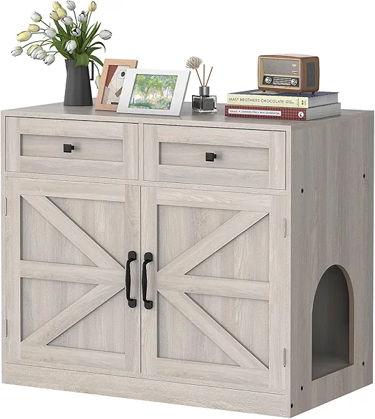 Cat Litter Box Enclosure Furniture Ultra-Large Wooden Hidden Litter Box,2-Door Storage Cabinet, 2 Drawers, 1 Air Vents,Litter Box Furniture Fit Most of Litter Box.