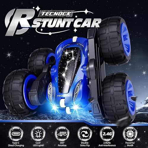 Miniatura 2 de Tecnock Coche de control remoto para niños, auto RC de 2.4 GHz con carga fácil tipo C, 4WD de doble cara gira y gira en 360, auto de acrobacias a