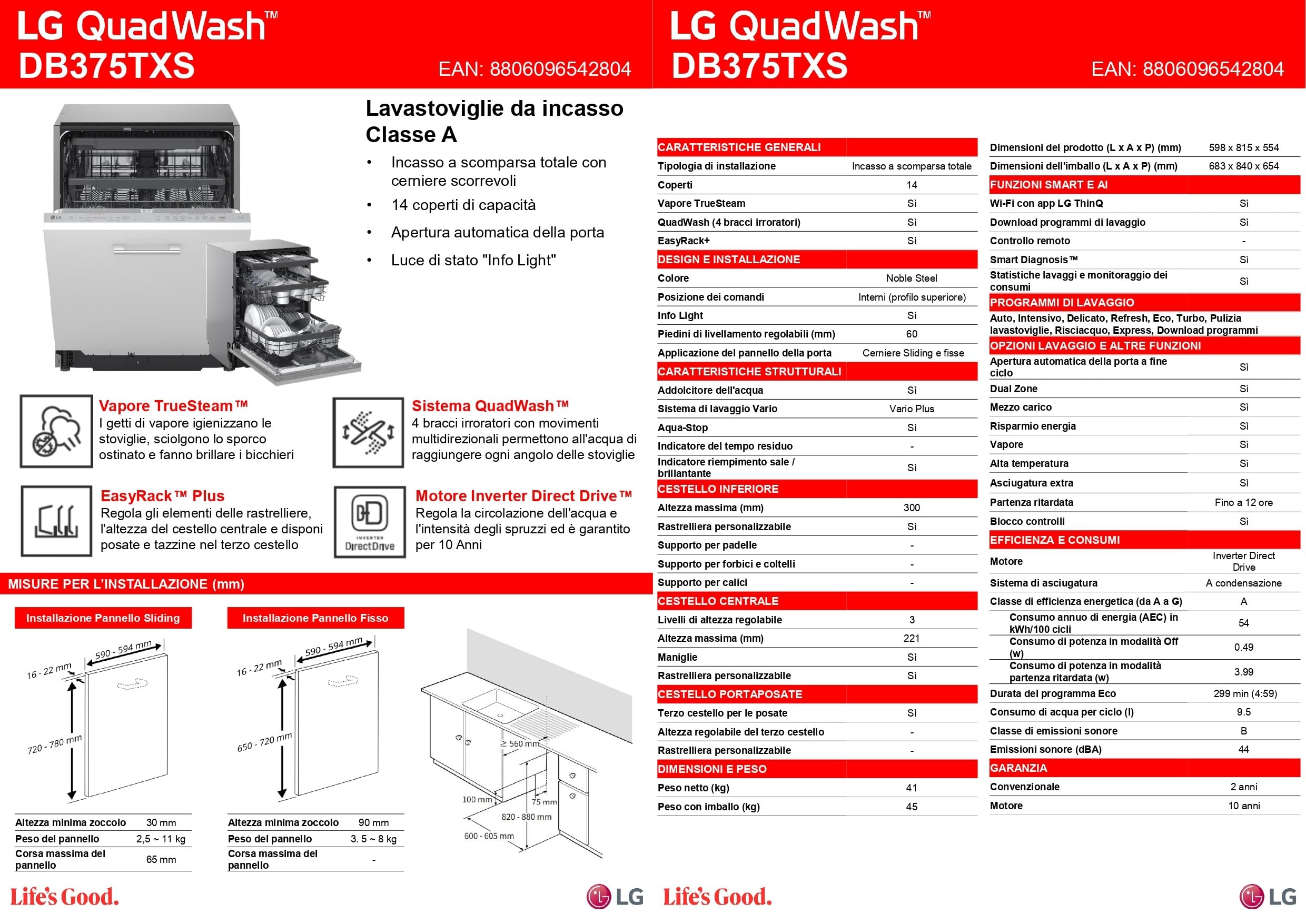 Lavastoviglie a scomparsa totale | QuadWash Serie 3, Classe A 44dB | 14 coperti, Tre cestelli di carico, Vapore TrueSteam, Info Light, Cerniere sliding | Acciaio