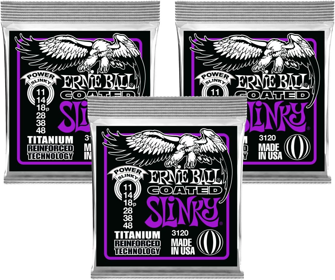 3 PACK Ernie Ball P03120 Coated Power Slinky Strings, 11-48