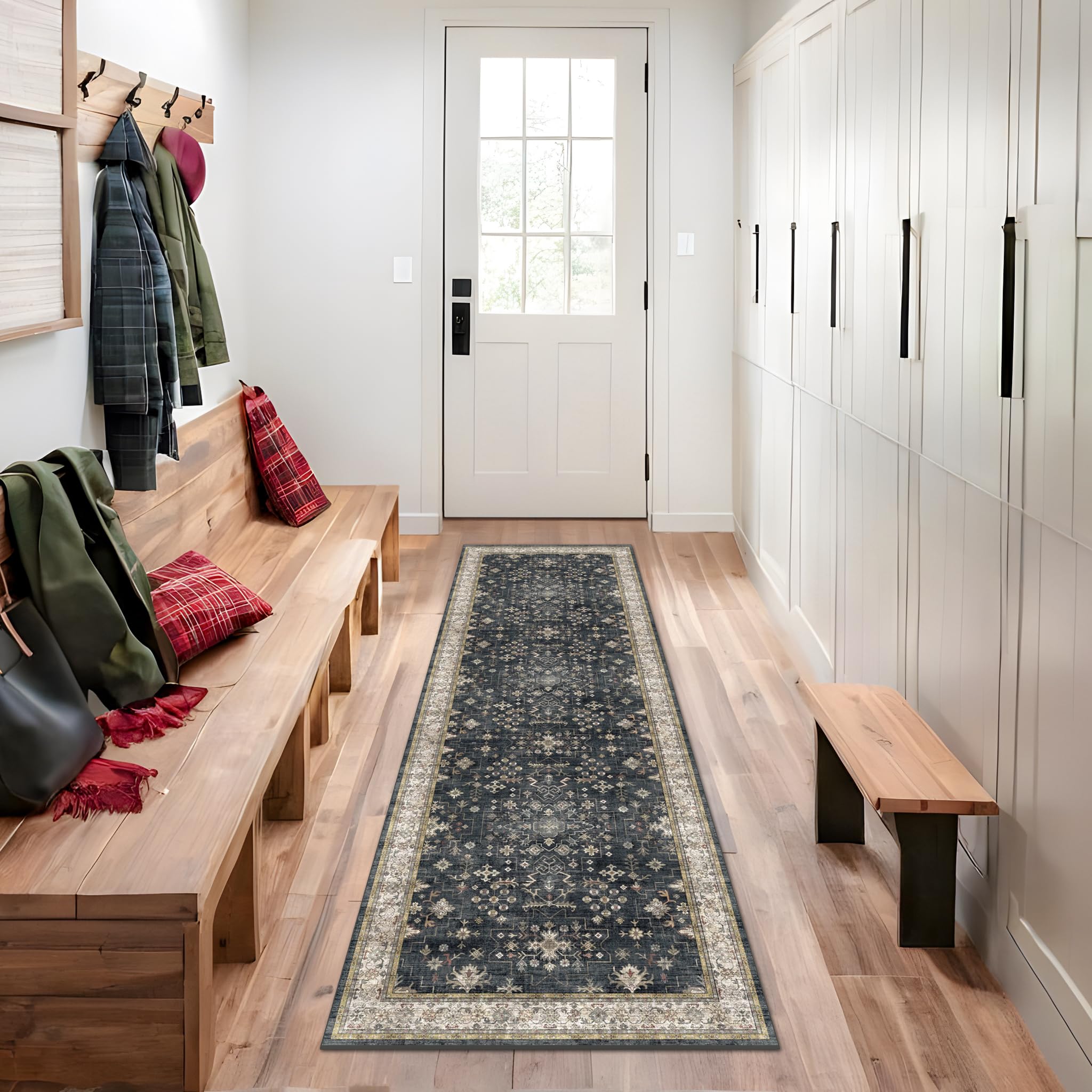 Black 2x7 Long Runner Rugs for Entryway, Throw Runners for Kitchen Hallway, Boho Vintage Floral Decor & Non-Slip Low-Pile Washable Stain Resistant