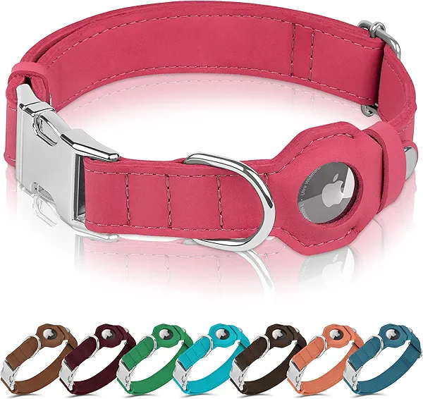 BUDKAS Leather Dog Collar with Airtag Holder - Soft Adjustable Airtag Dog Collar with Metal Buckle - GPS Tracking Pet Collar for Small Large Dogs Puppies Cats (Pink, L, 17"-21" Neck Fit)