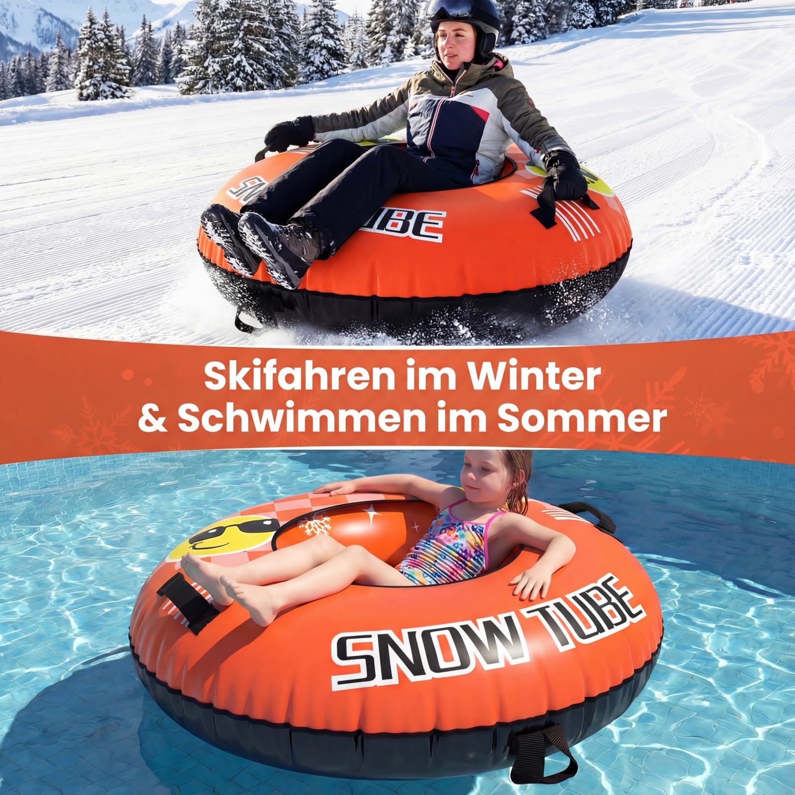 COSTWAY Aufblasbarer Schneereifen mit Schleppleine, 107 cm Snowtube, aufblasbarer Schlitten mit Griffen, Rodelreifen für Kinder und Erwachsene (Orange)