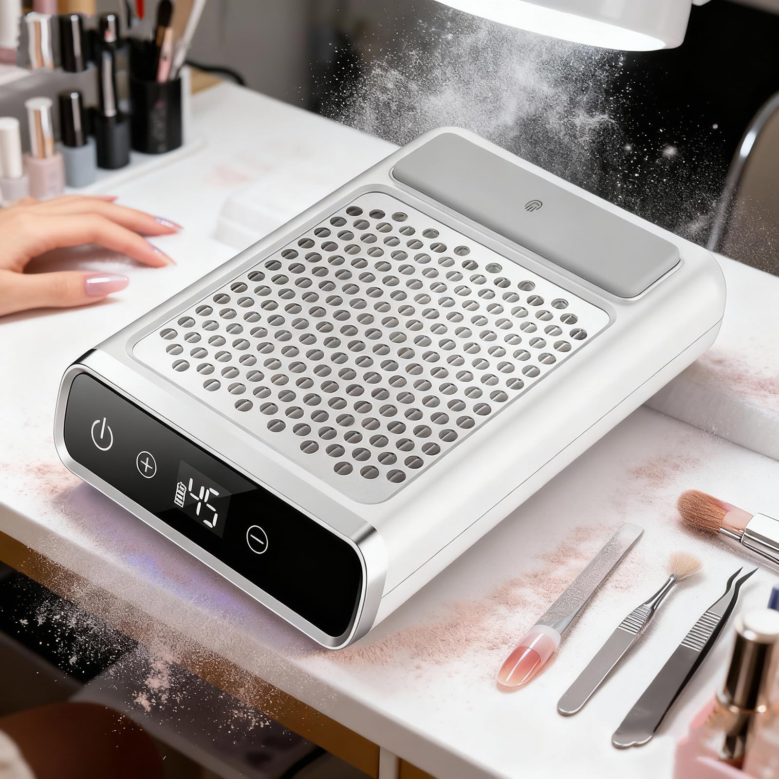 MObyat Aspiratore per Unghie da 80 W, Aspirapolvere da Tavolo per Lucidatura, velocità Regolabile, Touchscreen LCD, Filtro Rimovibile, Facile da Pulire, Ricaricabile, per Smalto Acrilico