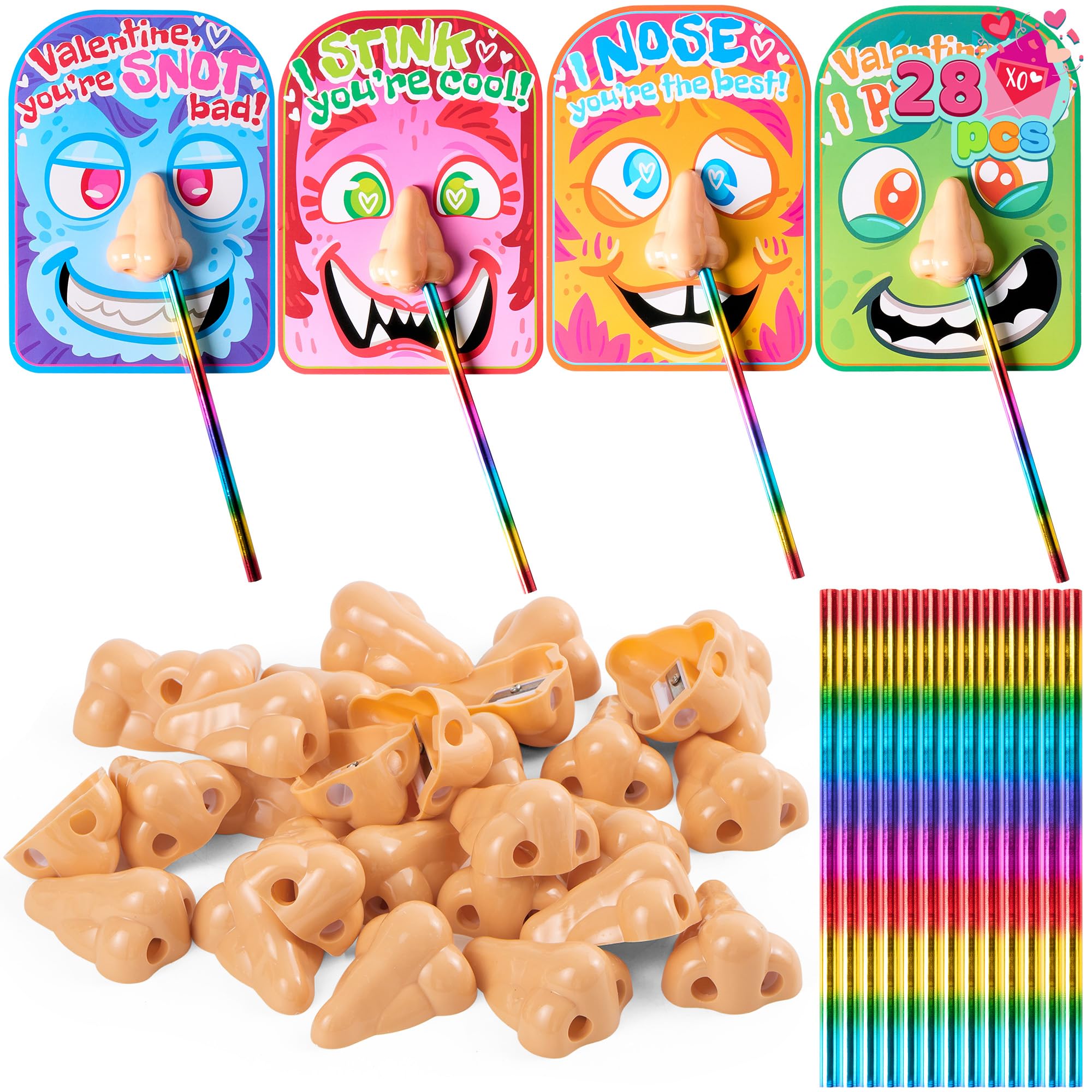 JOYIN 28-teiliges Valentinstags-Schreibwaren-Set für Kinder, lustige Nasenkarten und Bleistifte – perfekt für Valentinstag, Klassenzimmer, Austauschgeschenk für Kinder, Partygeschenk und