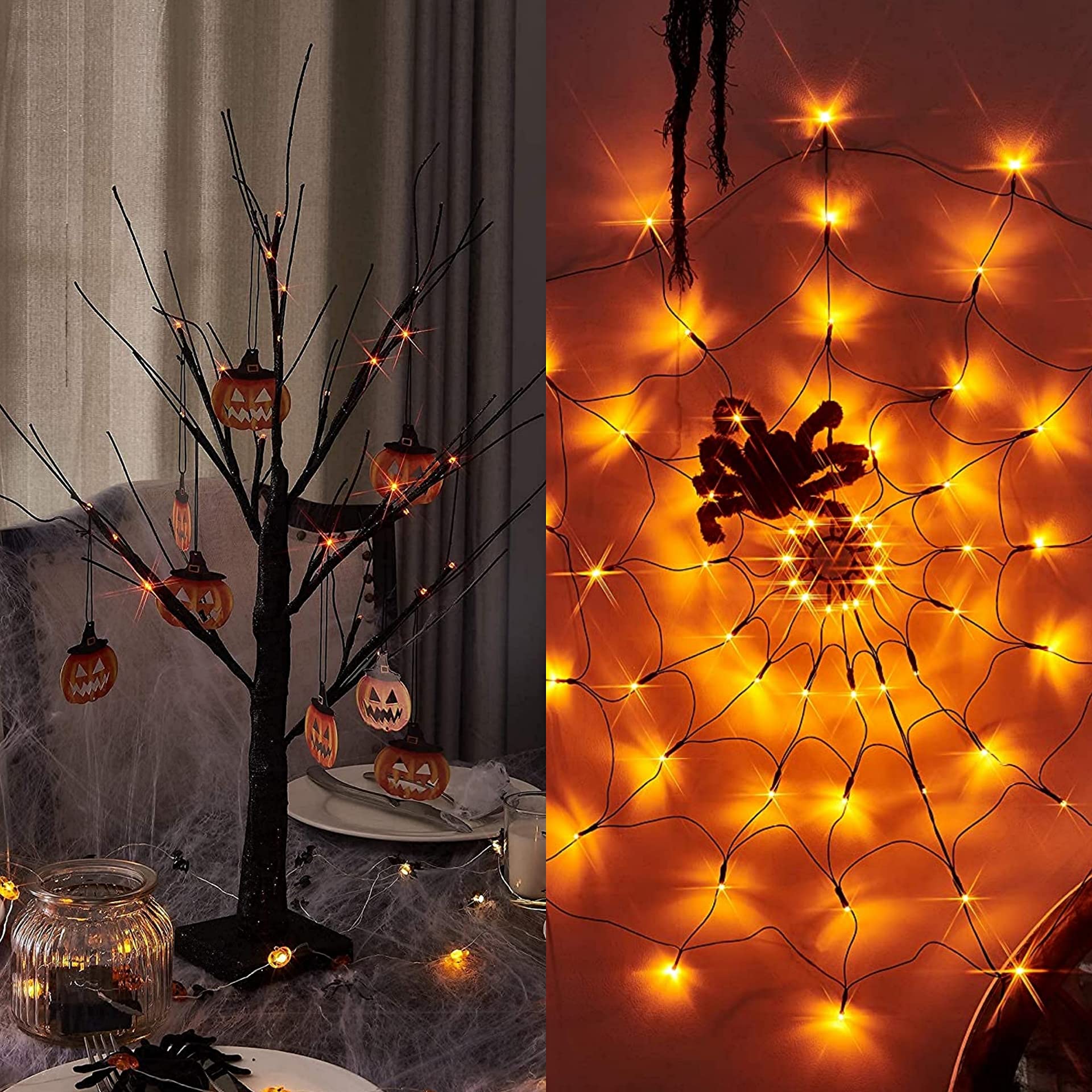 Vanthylit 3.25FT 70LT Orange LED Halloween Spider Web Lights and 2FT 24LT Organge LED Black Tree with 8pcs Pumpkin Accessories Bundle