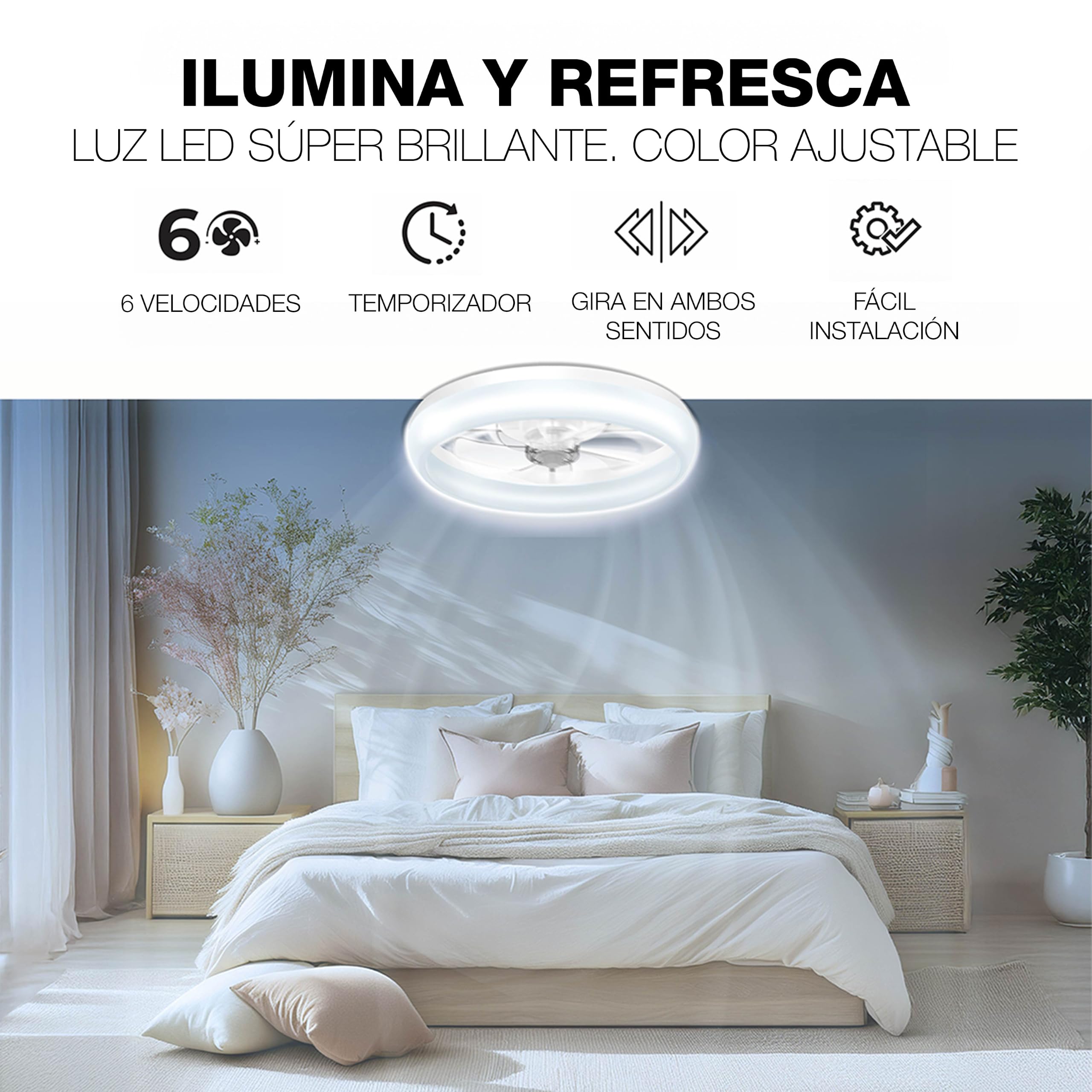 BrisaNova Ventilador Techo + Luz LED, Silencioso <35 dB, 6 Velocidades, Mando a Distancia, Motor Reversible, Temporizador; para Dormitorio, Habitaciones Pequeñas; 2 Tamaños 50 y 35,5 cm