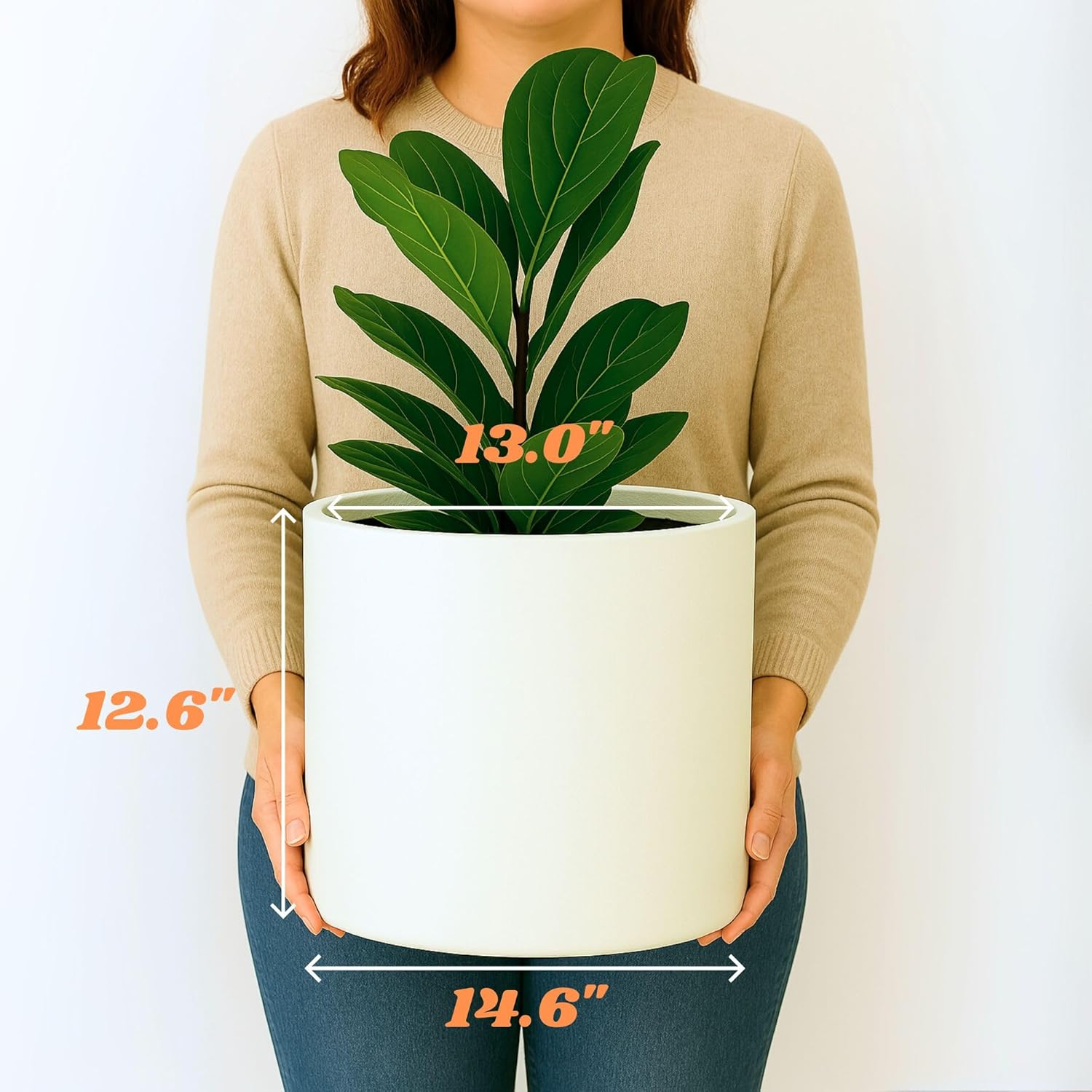 Fox & Fern 15" Large Planter Fits Plant Stand - Drainage Plug - Indoor Outdoor - Matte White