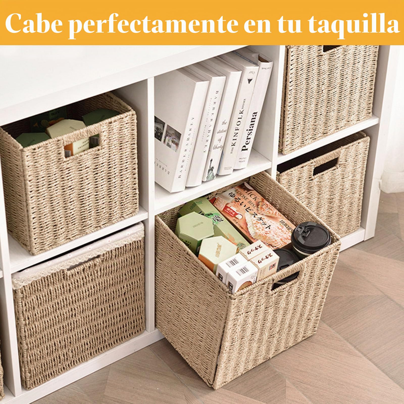 2 Cestas de Mimbre, Plegables Kallax para Almacenamiento, 28 x 28 x 28 cm, Cestas Almacenaje Mimbre para Estantes, Despensa, Baño, Salón