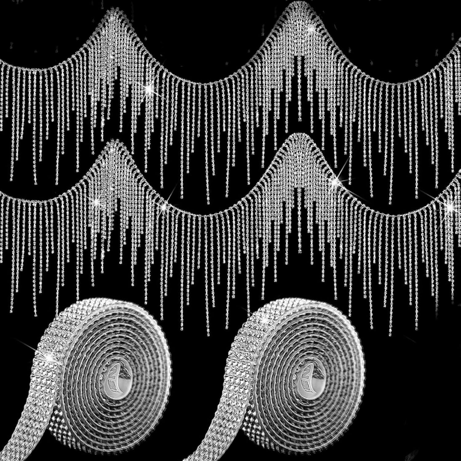 Suncalla 4 Pcs Rhinestone Fringe Trims and Self Adhesive Rhinestone Ribbons 2 Yard Crystal Diamond Tassel Chain&Bling Strip Tapes for Sewing Crafts DIY Clothing Wedding Dress Accessories (Tassel)