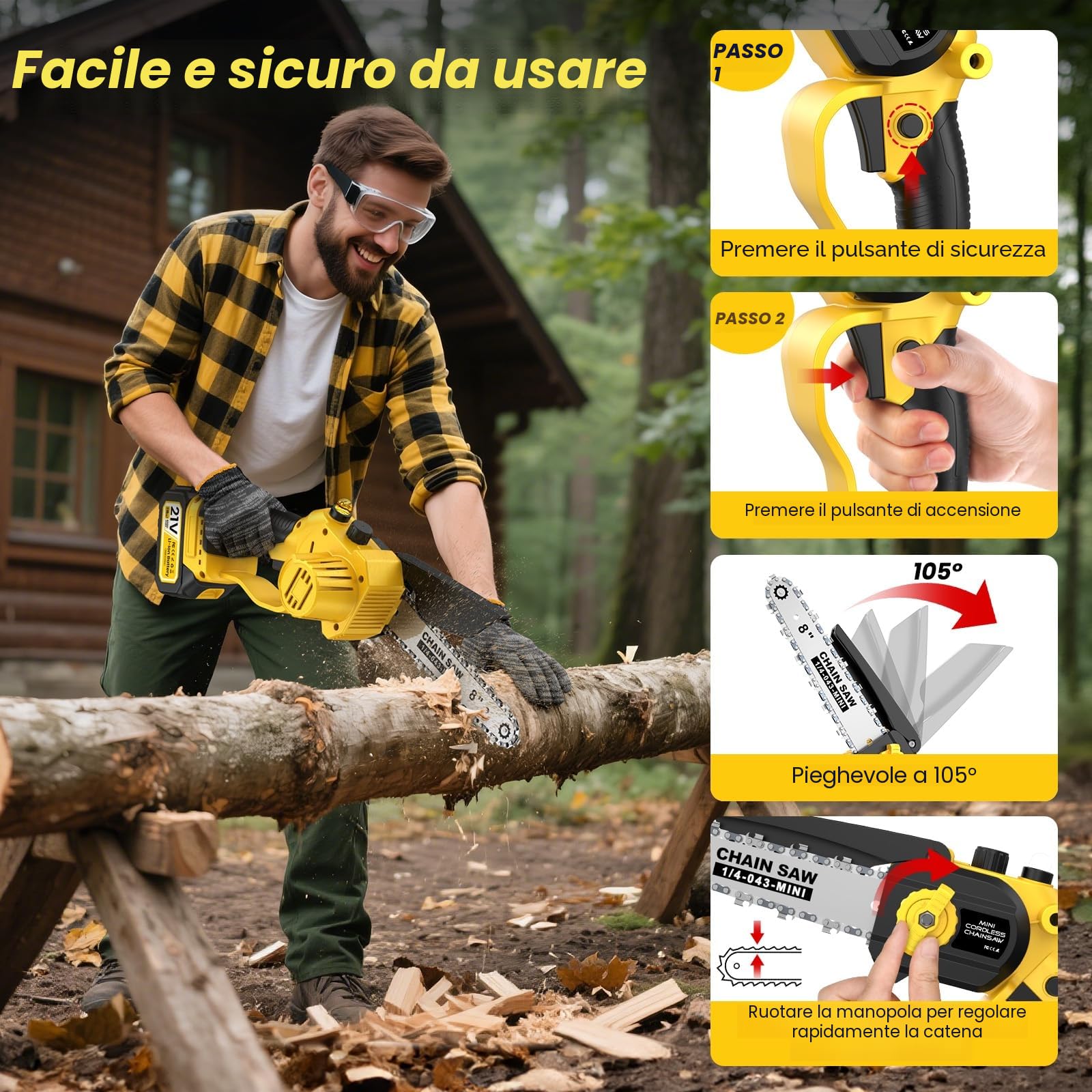 Motosega a Batteria, Motosega Elettrica 8000mAh,1000W 8 & 6 Pollici Sega Motosega Elettrica per Potatura con Pompetta Olio e Catena di Ricambio, Motosega da Potatura per il Taglio del Legno Giardini