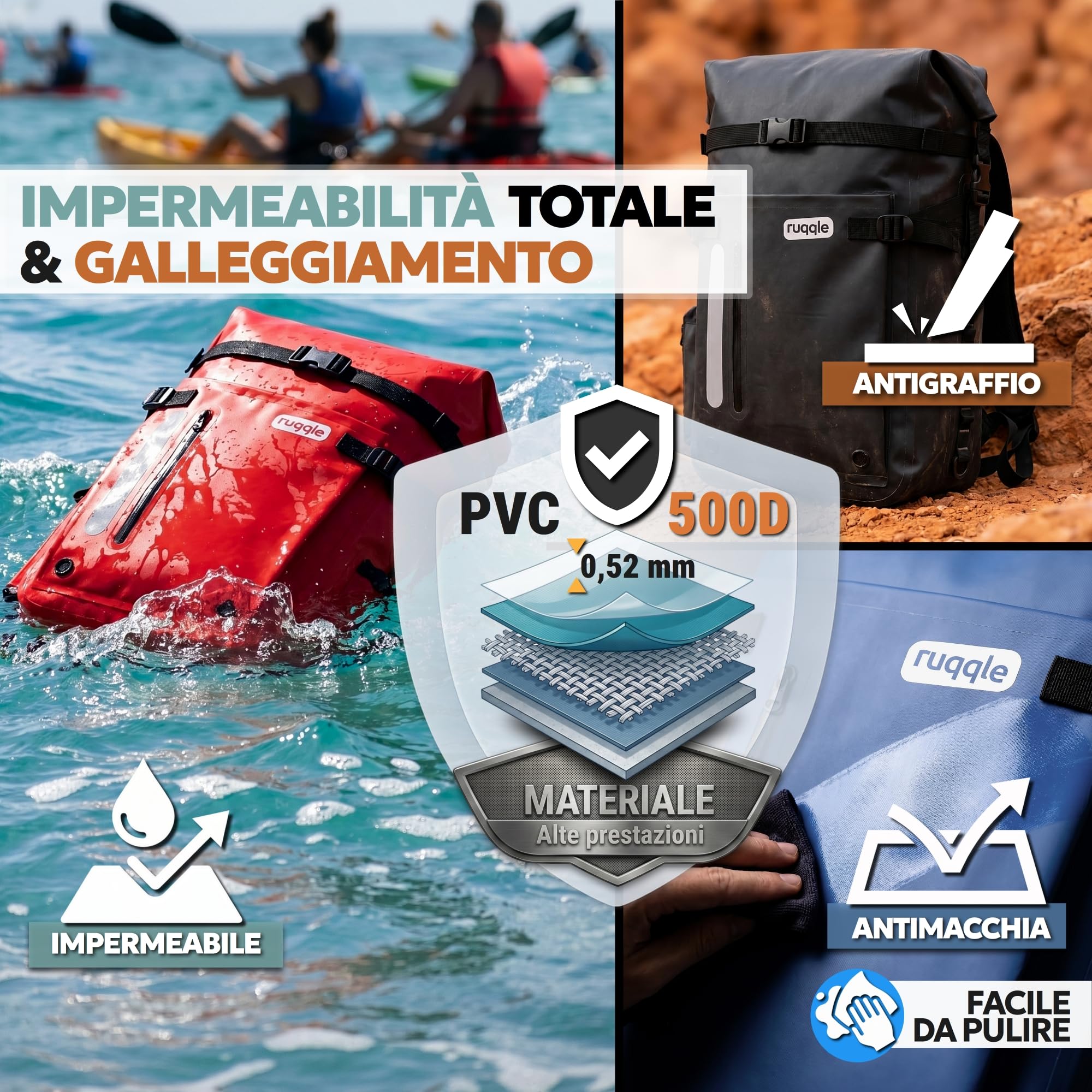 Ruqqle Zaino Impermeabile Multiuso, Waterproof Dry Bag 20/30/45L, con 3 Tasche Esterne, Borsa Impermeabile Comodo ideale per Viaggi Spiaggia Mare Barca Canoa Kayak Moto Trekking Campeggio Pesca