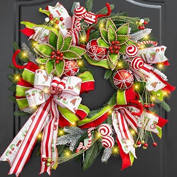 Christmas Wreaths for Front Door, Soomeir 24 Inch Christmas Wreath with Red Green Ribbons, Berries, Bows and Balls, Decor Decorations for Home Wall Window Porch Indoor Outdoor