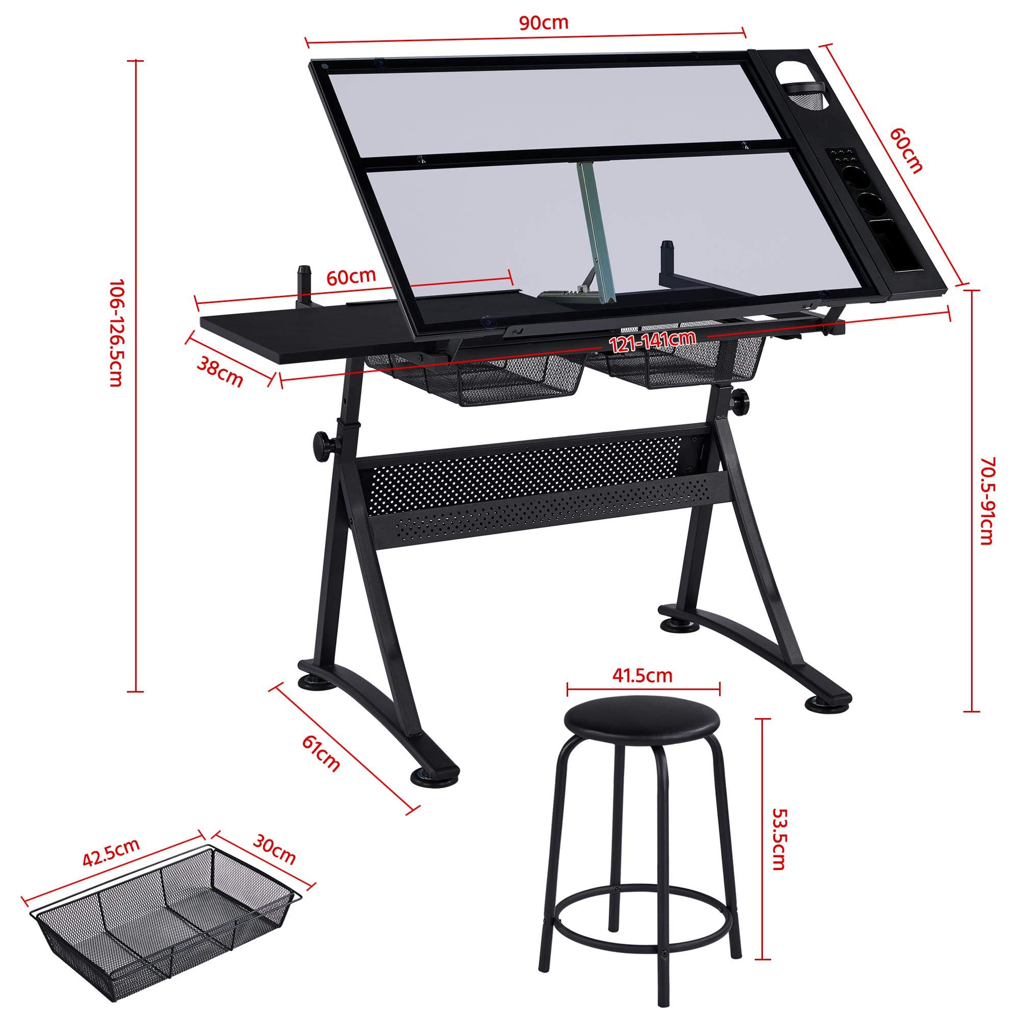 Yaheetech Tavolo da Disegno Inclinabile Pannello in Vetro Regolabile in Altezza Scrivania Artigianale per Riporre gli Oggetti per Arte Tecnico Pittura Lavoro Studio 141 x 60 x 91 cm Nero