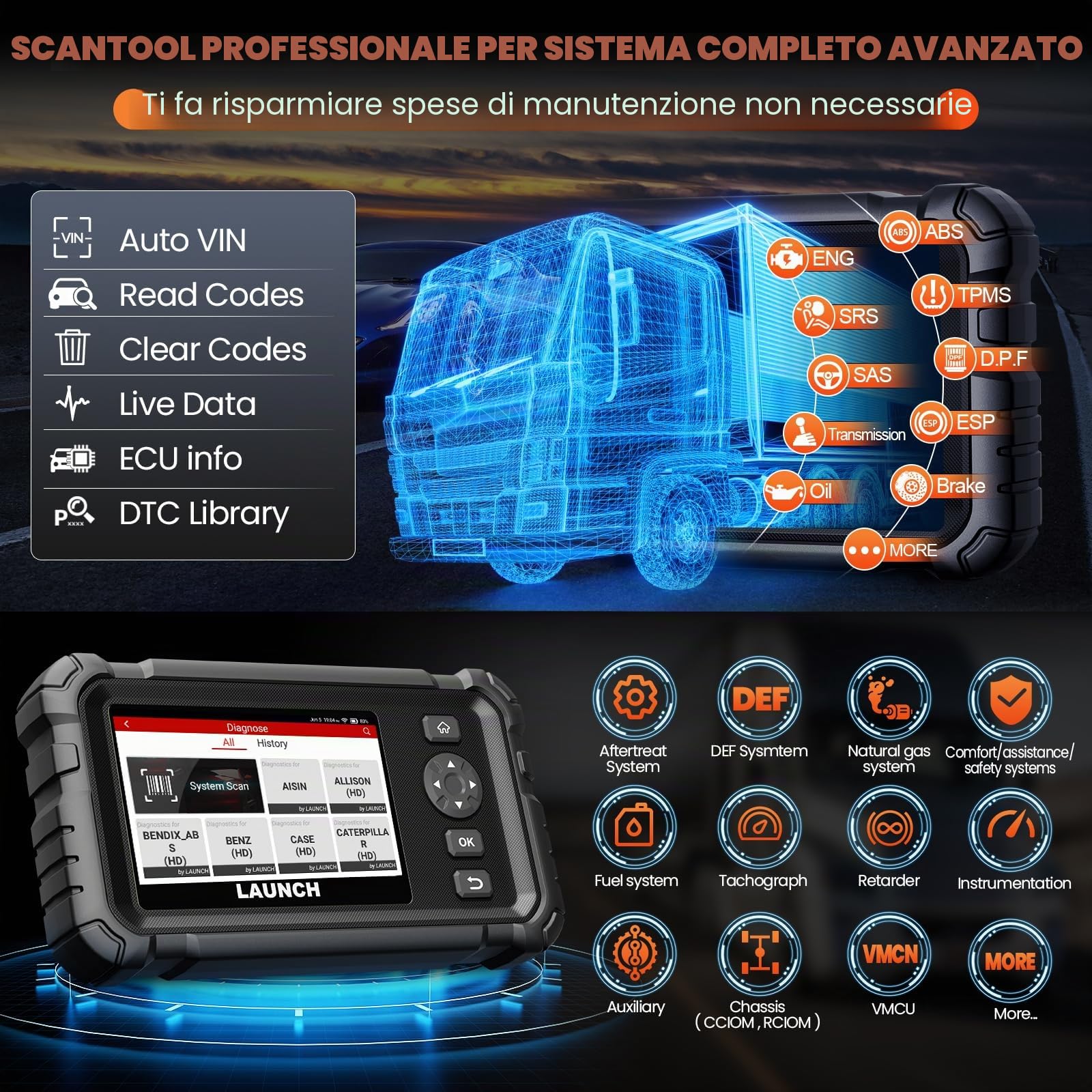 LAUNCH CRP129 HD OBD2 Auto Diagnostica, Diagnostica Completa Per Sistemi dDiesel, 7 Reset, Rigenerazione DPF, Reset Dell'olio, Diagnosi Auto Per Autocarri Pesanti, Pick-up, Trattori Semirimorchi