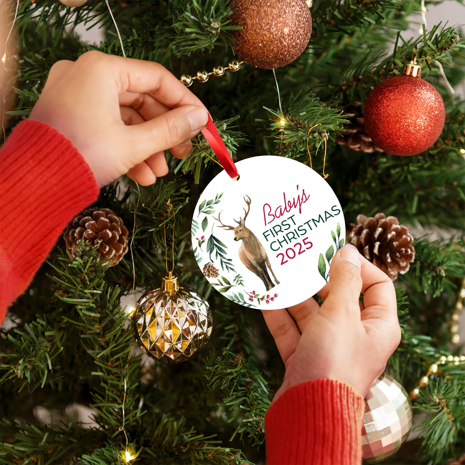 Soul Décor Christmas Ornaments Tree Decorations, Baby's First Christmas 2025 Ornament, Velvet Pouch and Red Ribbon Included, Large 3.75" Round Ornament, Made in The USA