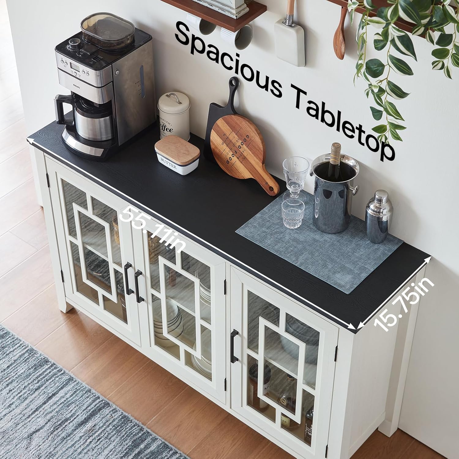 Large Sideboard Buffet Cabinet with Storage, 55" Farmhouse White Kitchen Coffee Wine Bar Cabinet with 3 Glass Doors, Wood Mid Century Modern Side Board Table for Dining Room, Living Room